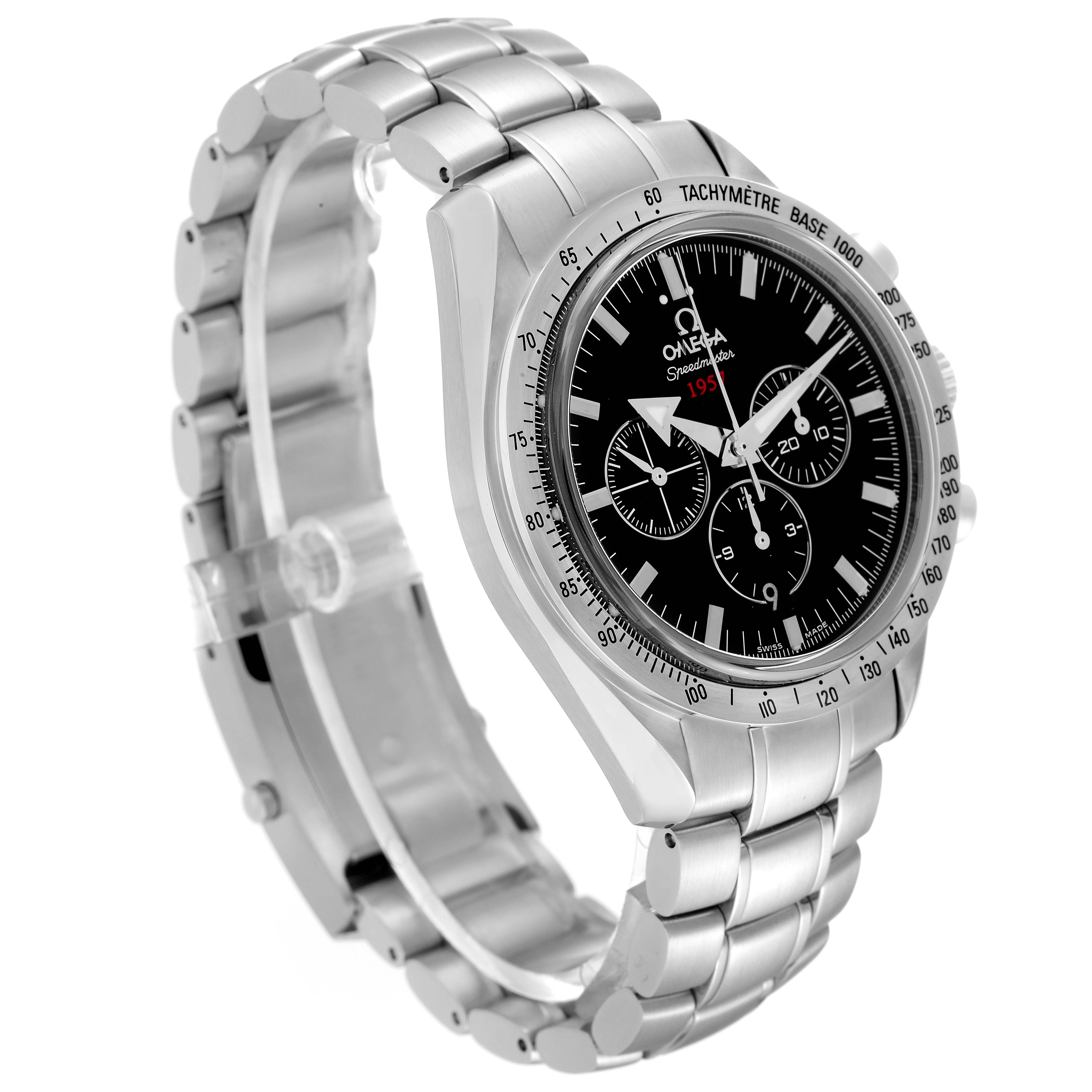 This image shows a side angle of the Omega Speedmaster 321.10.42.50.01.001 Men
s Stainless Steel Black Dial 321.10.42.50.01.001 Men
s Stainless Steel Black Dial watch, highlighting its stainless steel band, tachymeter bezel, and black dial.