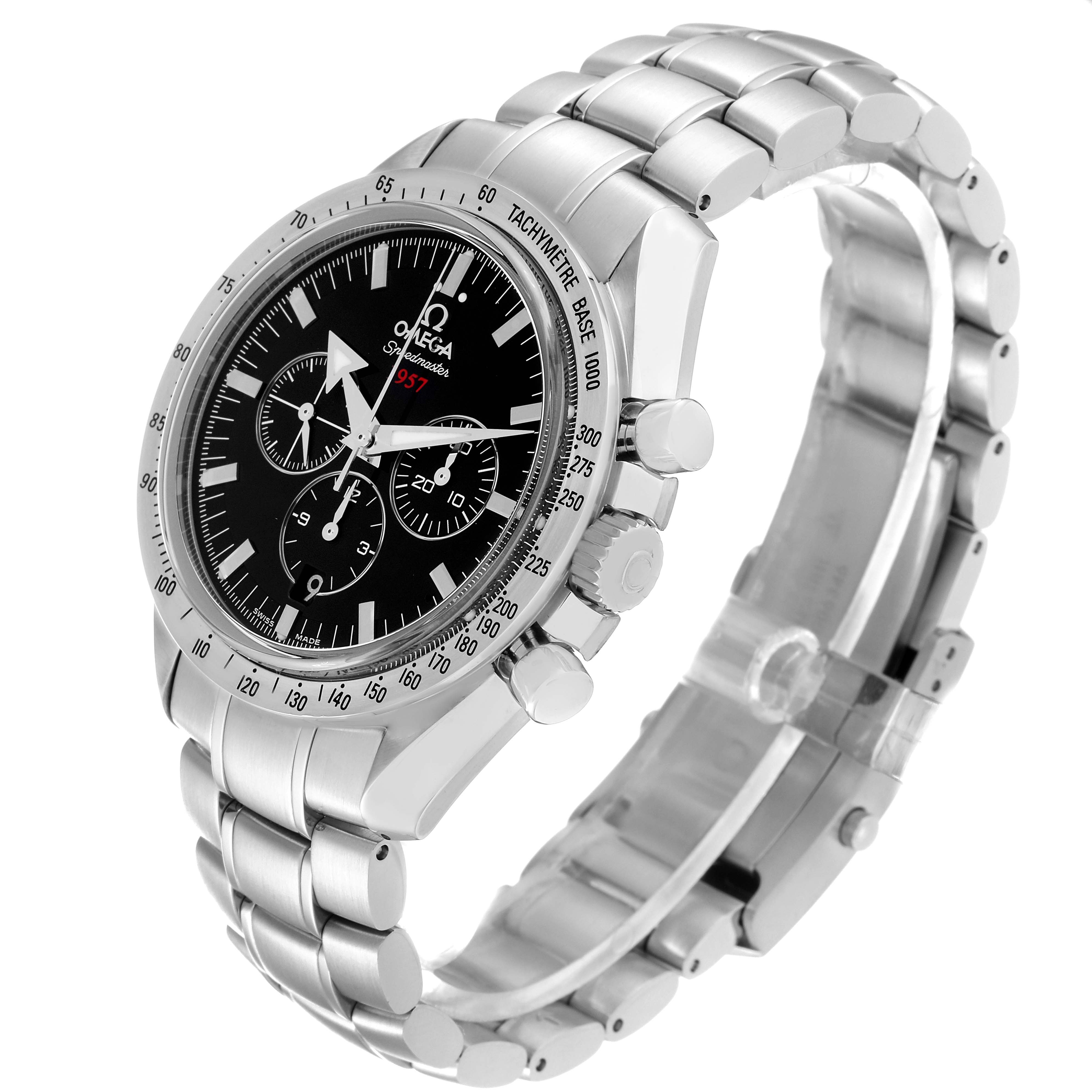 The image shows an Omega Speedmaster 321.10.42.50.01.001 Men
s Stainless Steel Black Dial 321.10.42.50.01.001 Men
s Stainless Steel Black Dial watch at a three-quarter angle, highlighting its face, bezel, chronographs, and bracelet.
