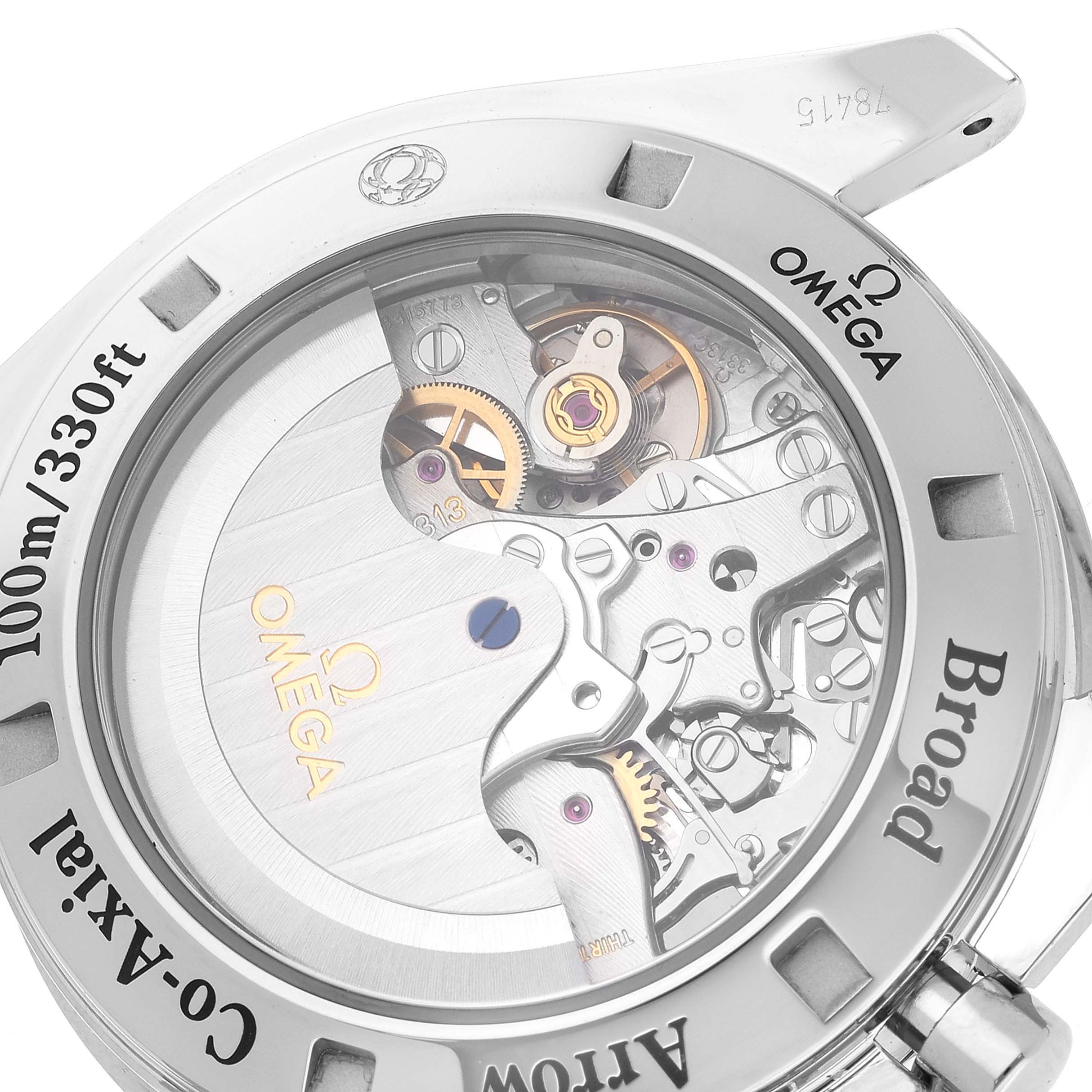 The image shows the case back and internal movement of the Omega Speedmaster 321.10.42.50.01.001 Men
s Stainless Steel Black Dial 321.10.42.50.01.001 Men
s Stainless Steel Black Dial watch at a close-up angle.