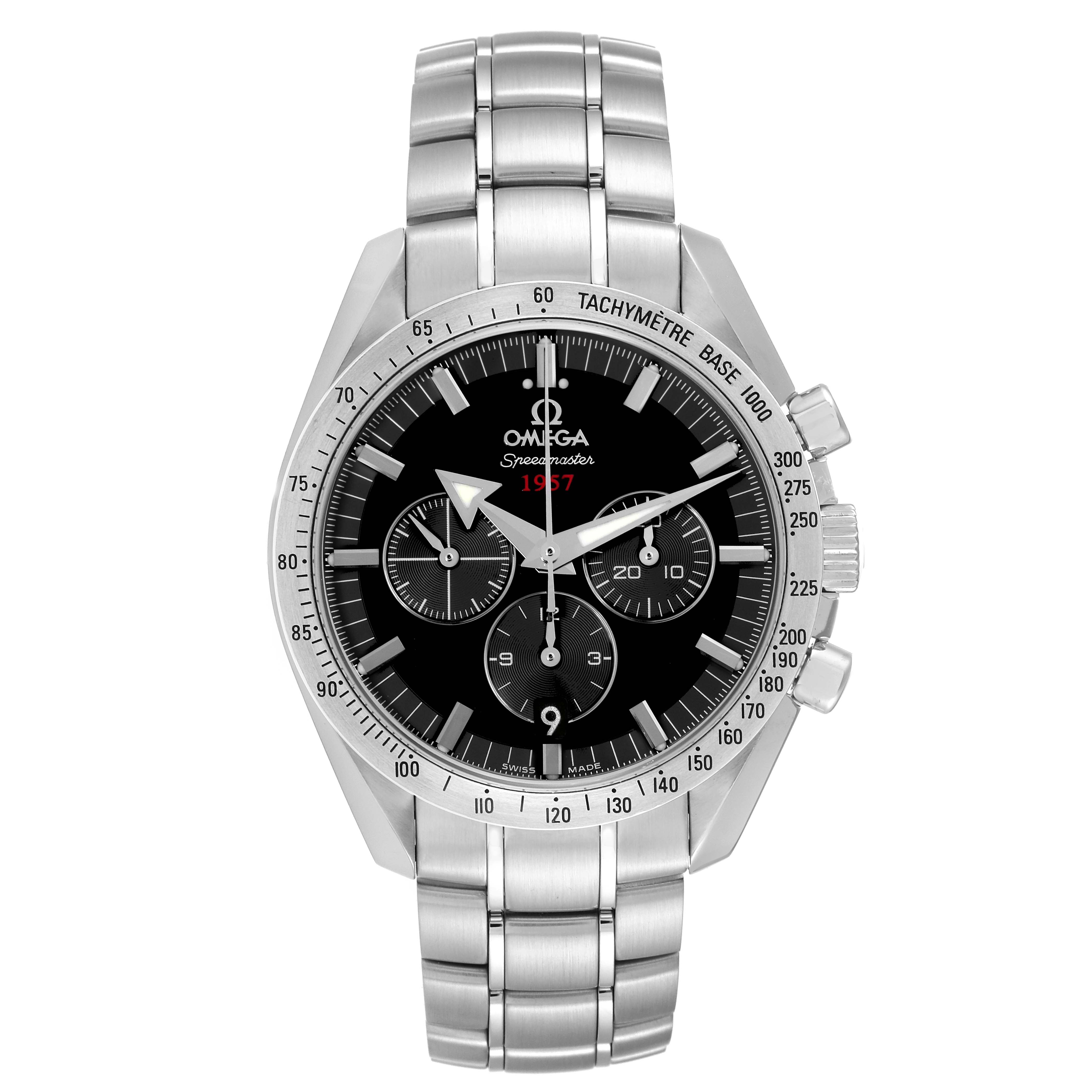 The image shows a front view of the Omega Speedmaster 321.10.42.50.01.001 Men
s Stainless Steel Black Dial 321.10.42.50.01.001 Men
s Stainless Steel Black Dial watch, highlighting its black dial, chronograph subdials, and stainless steel bracelet.