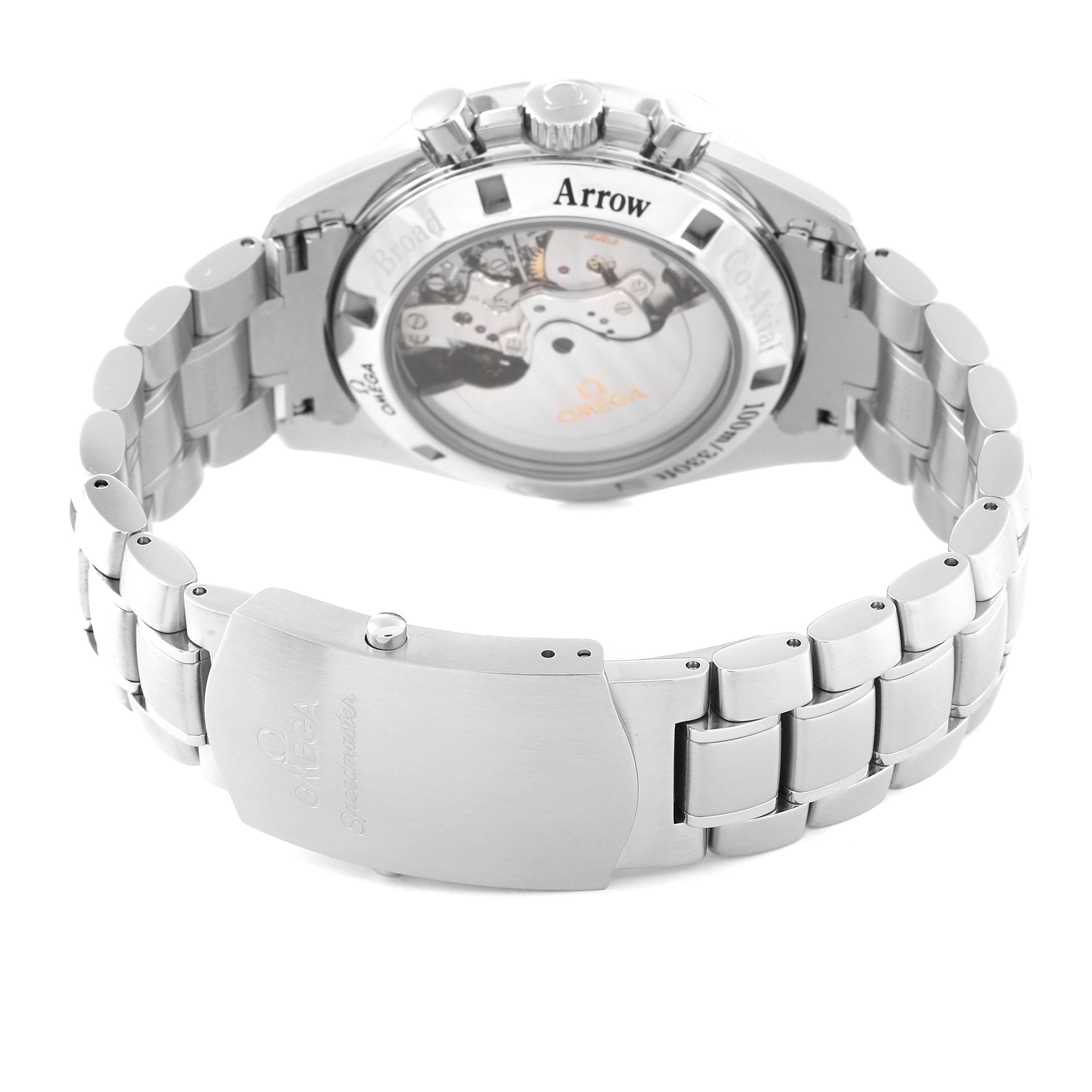 The image shows the back and bracelet of the Omega Speedmaster 321.10.42.50.01.001 Men
s Stainless Steel Black Dial 321.10.42.50.01.001 Men
s Stainless Steel Black Dial, highlighting the transparent case back and clasp.