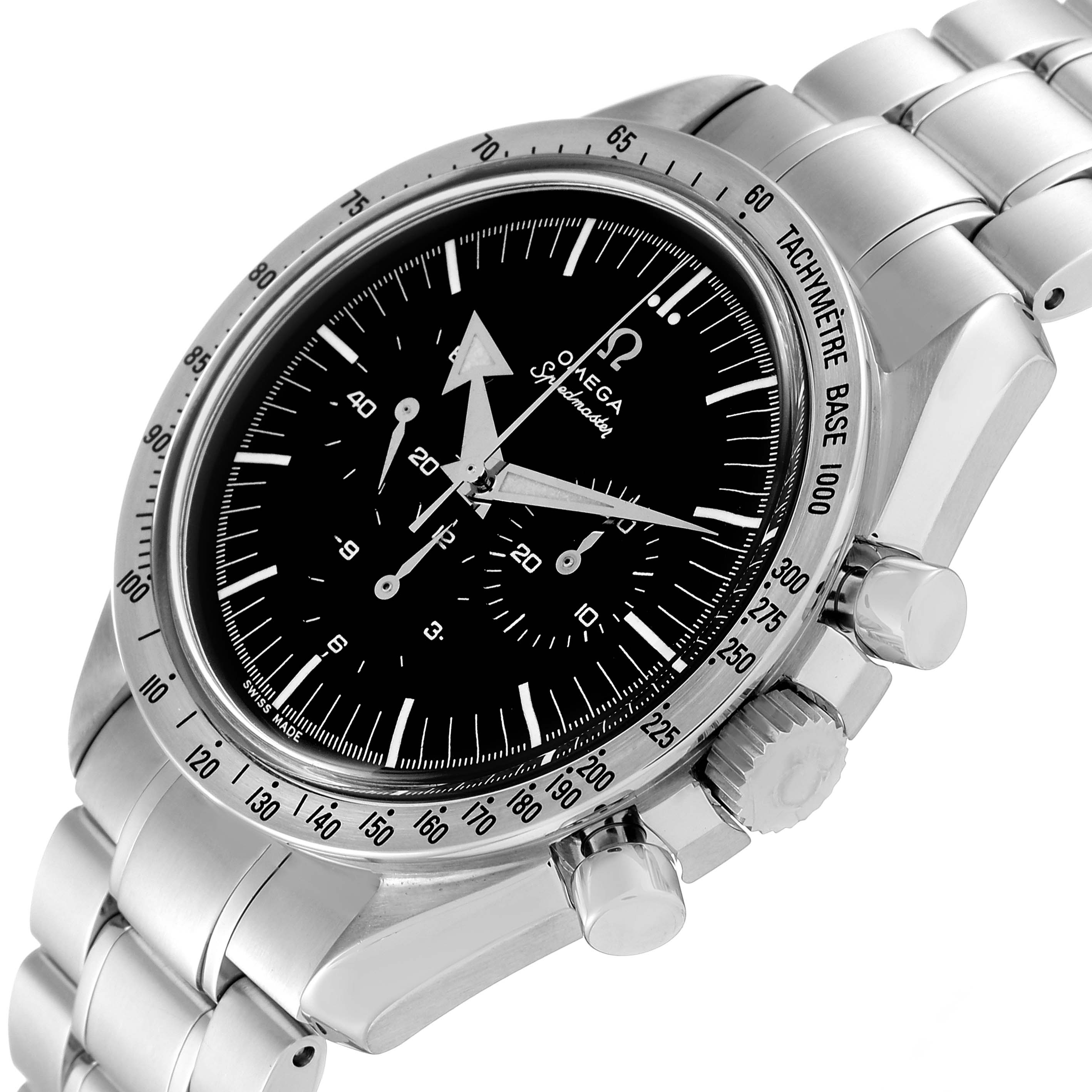 This image shows an angled view of the Omega Speedmaster 3594.50.00 Men
s Stainless Steel Black Dial 3594.50.00 Men
s Stainless Steel Black Dial watch, highlighting its face, chronograph buttons, and metal bracelet.