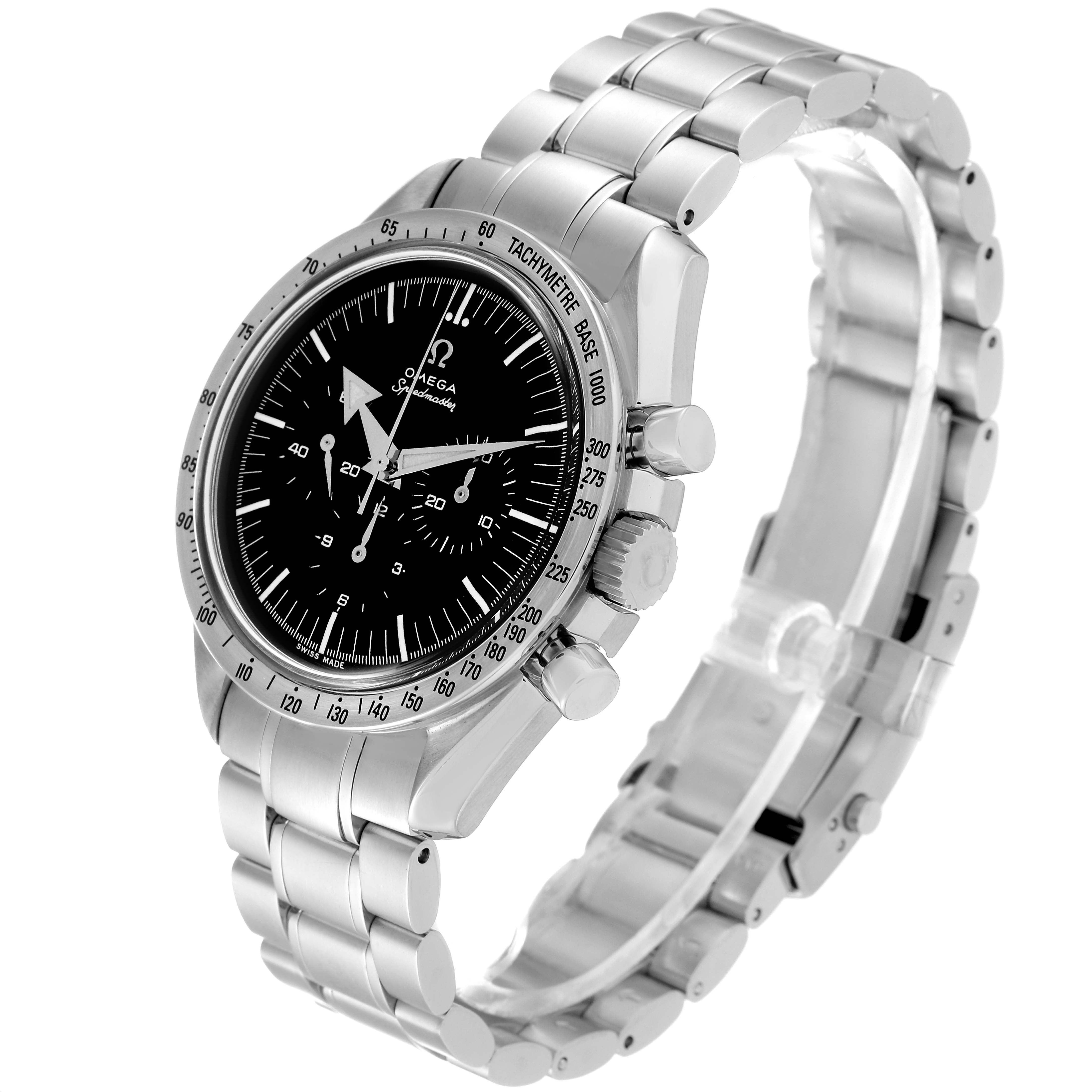 The image shows an angled view of the Omega Speedmaster 3594.50.00 Men
s Stainless Steel Black Dial 3594.50.00 Men
s Stainless Steel Black Dial watch, highlighting its face, bezel, crown, and metal strap.