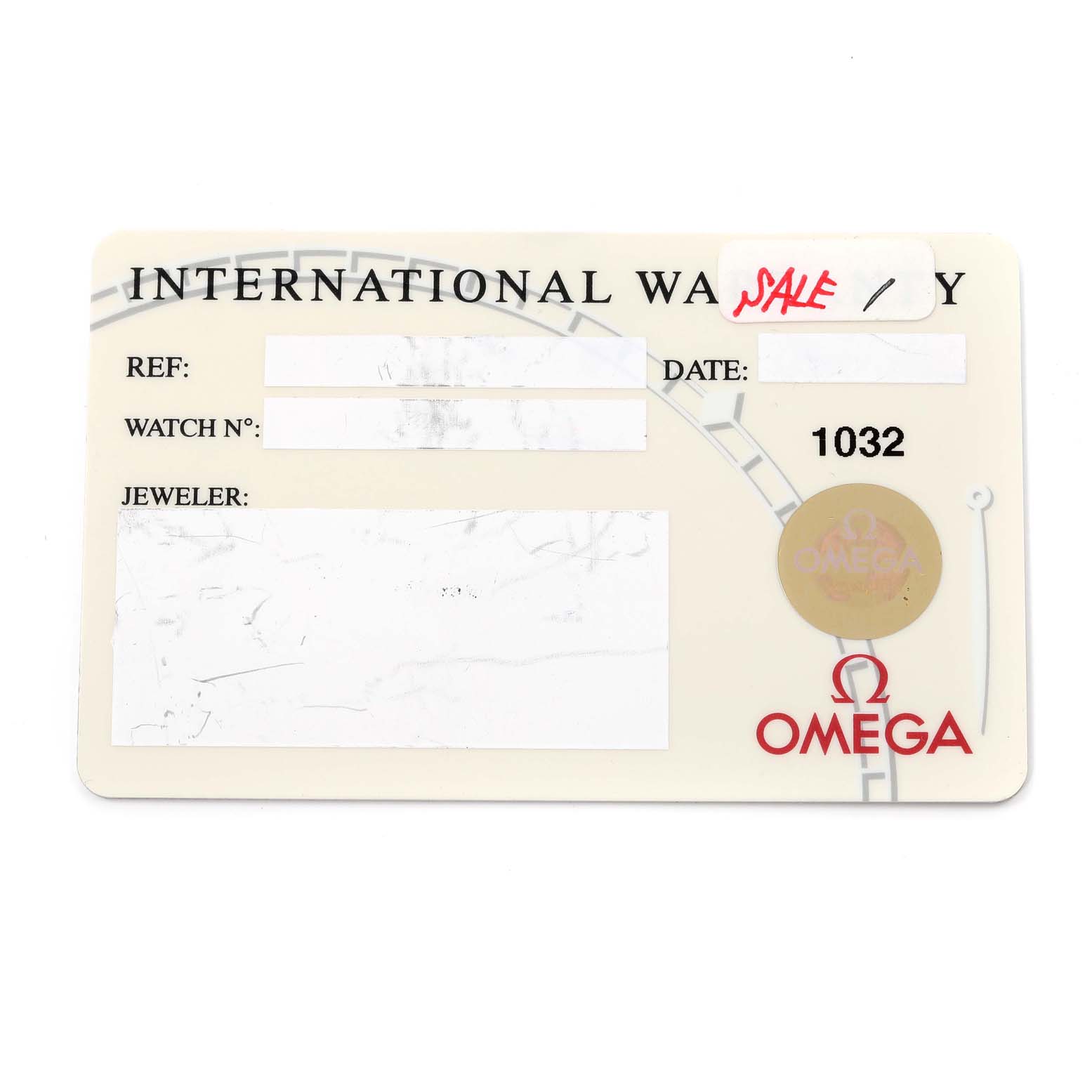 The image shows an Omega Speedmaster 3594.50.00 Men
s Stainless Steel Black Dial 3594.50.00 Men
s Stainless Steel Black Dial International Warranty card with white spaces for reference, watch number, jeweler, and date.