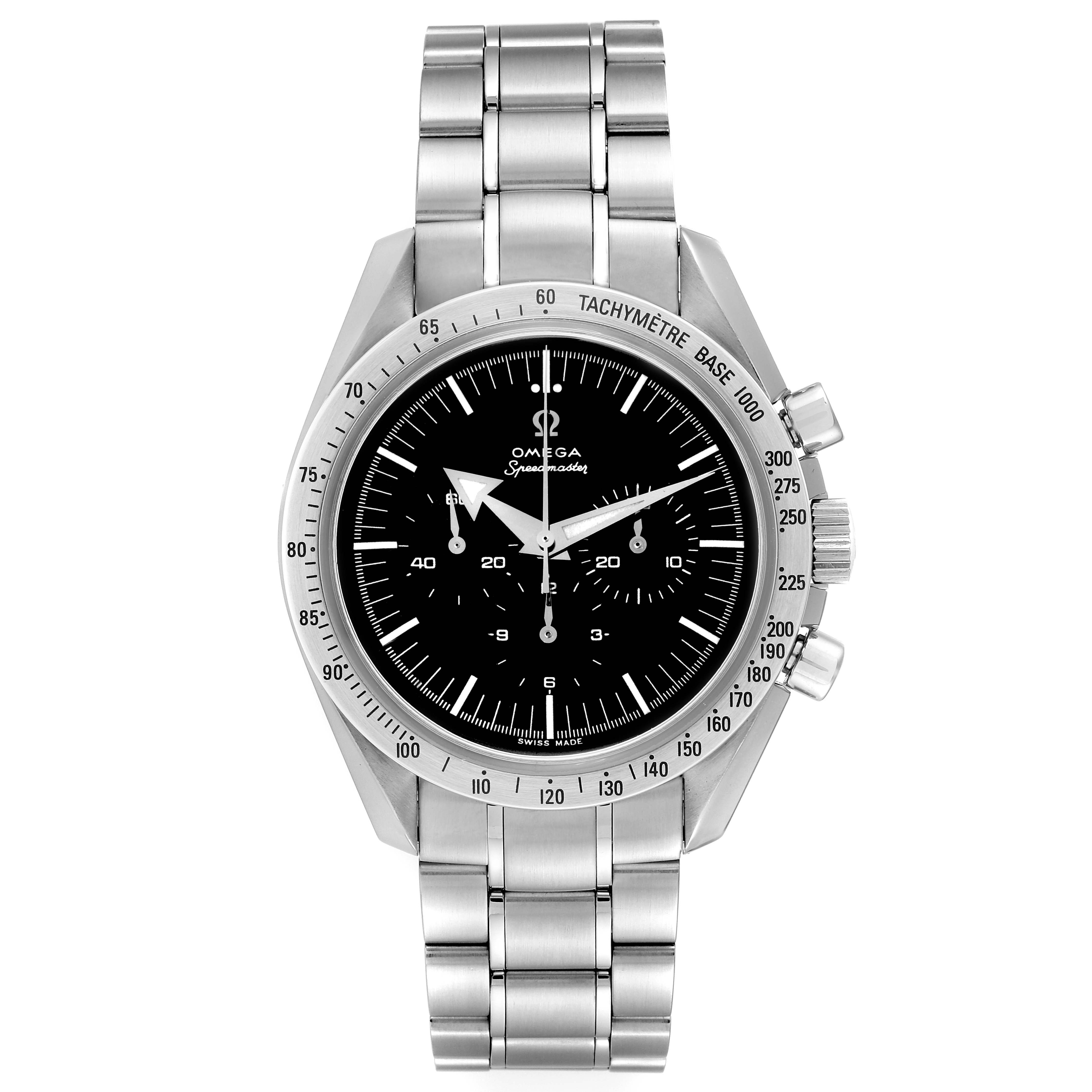 Front view of the Omega Speedmaster 3594.50.00 Men
s Stainless Steel Black Dial 3594.50.00 Men
s Stainless Steel Black Dial watch showing the dial, tachymeter bezel, and stainless steel bracelet.