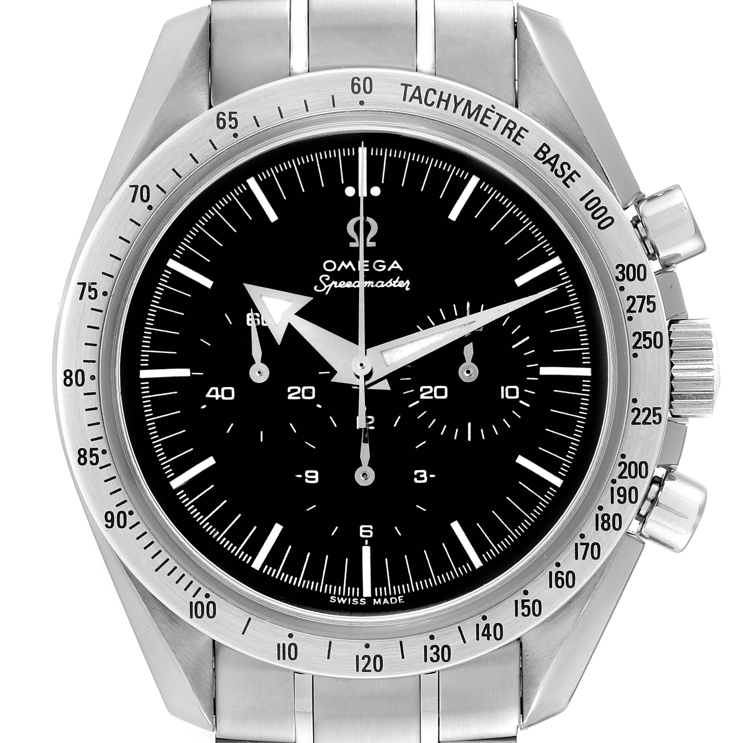 This image shows a front view of the Omega Speedmaster 3594.50.00 Men
s Stainless Steel Black Dial 3594.50.00 Men
s Stainless Steel Black Dial watch, highlighting the dial, tachymeter bezel, and chronograph subdials.