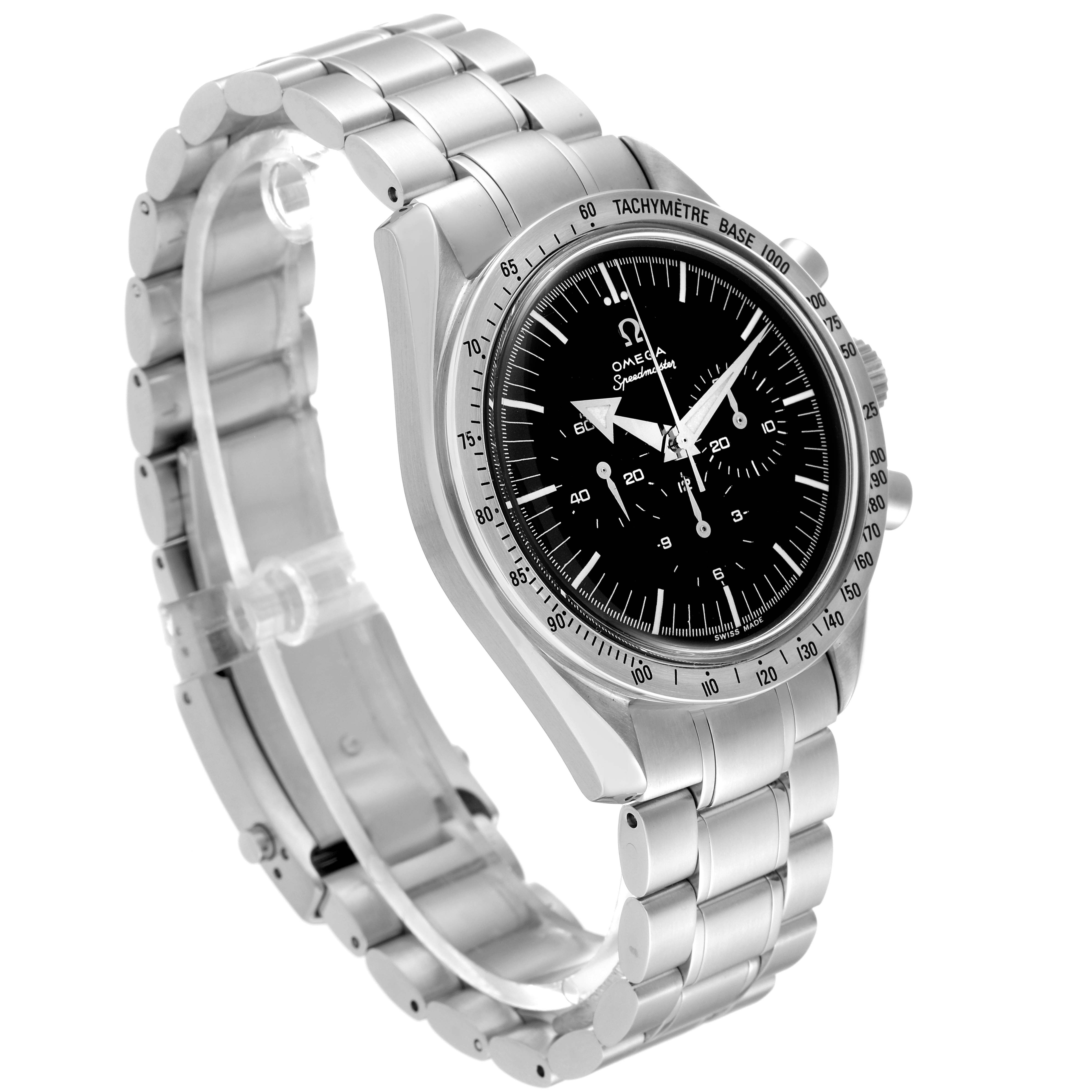 The image shows an Omega Speedmaster 3594.50.00 Men
s Stainless Steel Black Dial 3594.50.00 Men
s Stainless Steel Black Dial watch at a three-quarter angle, highlighting the face, bezel, and bracelet.