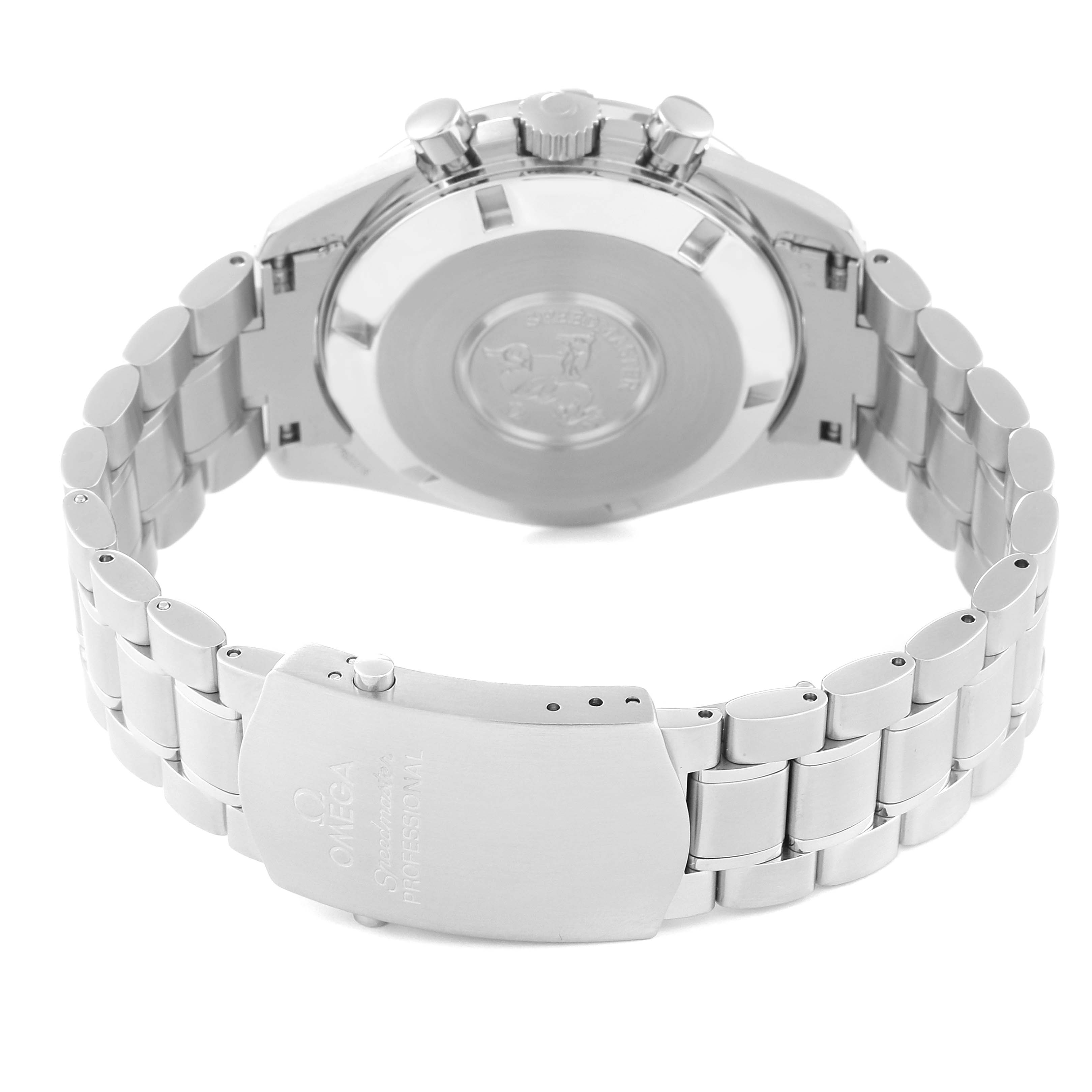 The image shows the back and clasp of an Omega Speedmaster 3594.50.00 Men
s Stainless Steel Black Dial 3594.50.00 Men
s Stainless Steel Black Dial watch, highlighting the bracelet and deployment clasp.