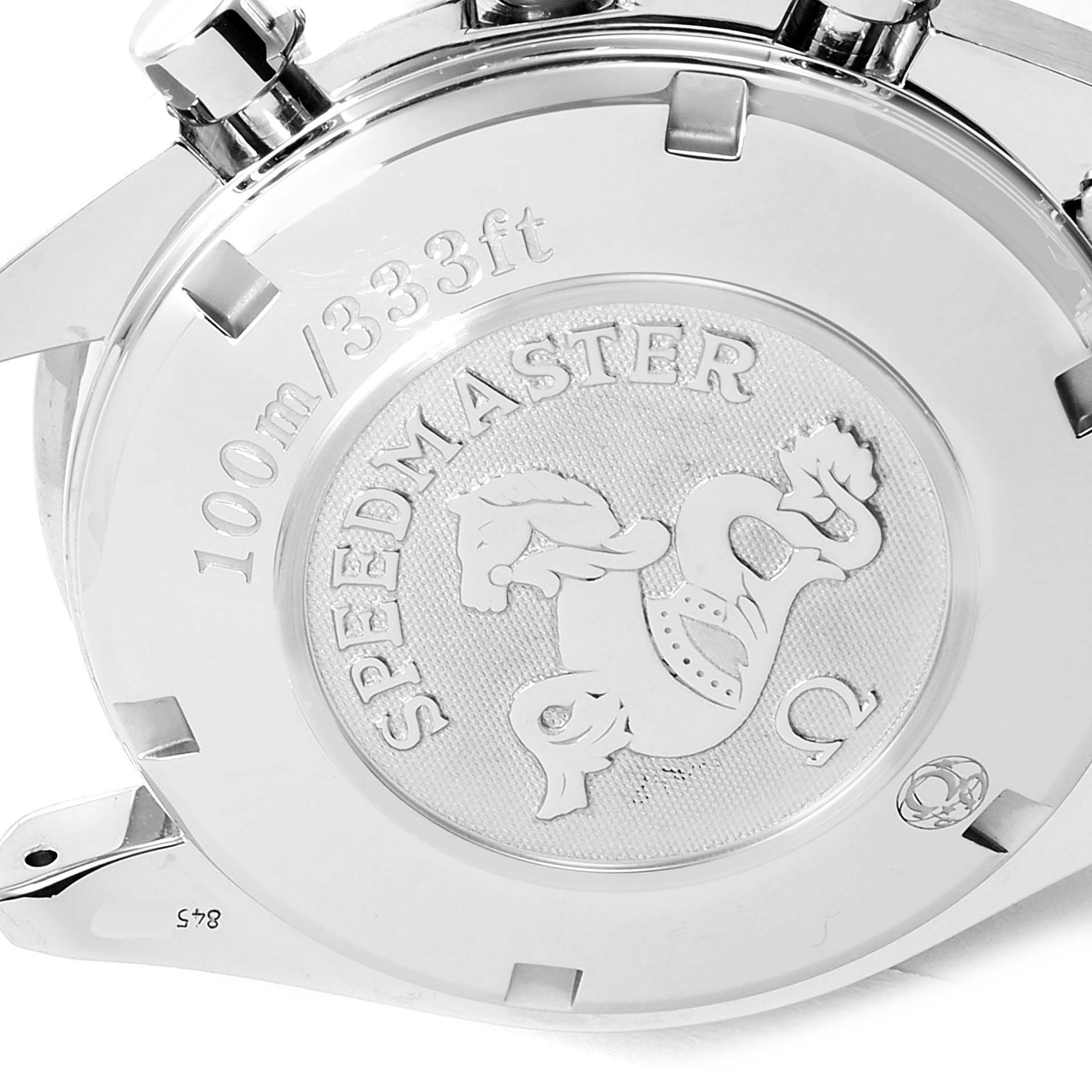 The image shows the engraved case back of the Omega Speedmaster 3211.31.00 Men
s Stainless Steel Silver Dial 3211.31.00 Men
s Stainless Steel Silver Dial watch, including water resistance markings.