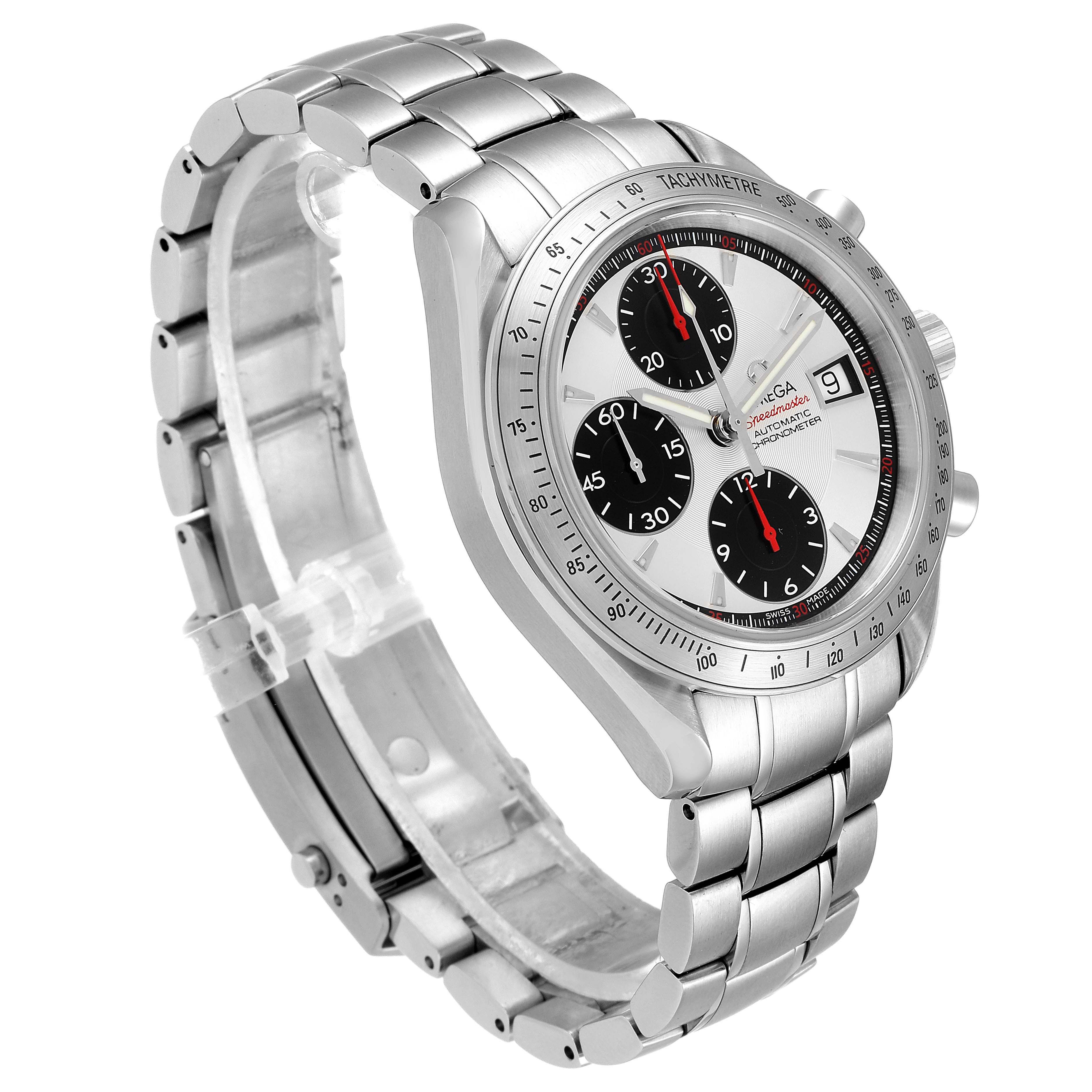 This image shows an Omega Speedmaster 3211.31.00 Men
s Stainless Steel Silver Dial 3211.31.00 Men
s Stainless Steel Silver Dial watch from an angled top-front view, highlighting its dial, tachymeter bezel, and stainless steel bracelet.