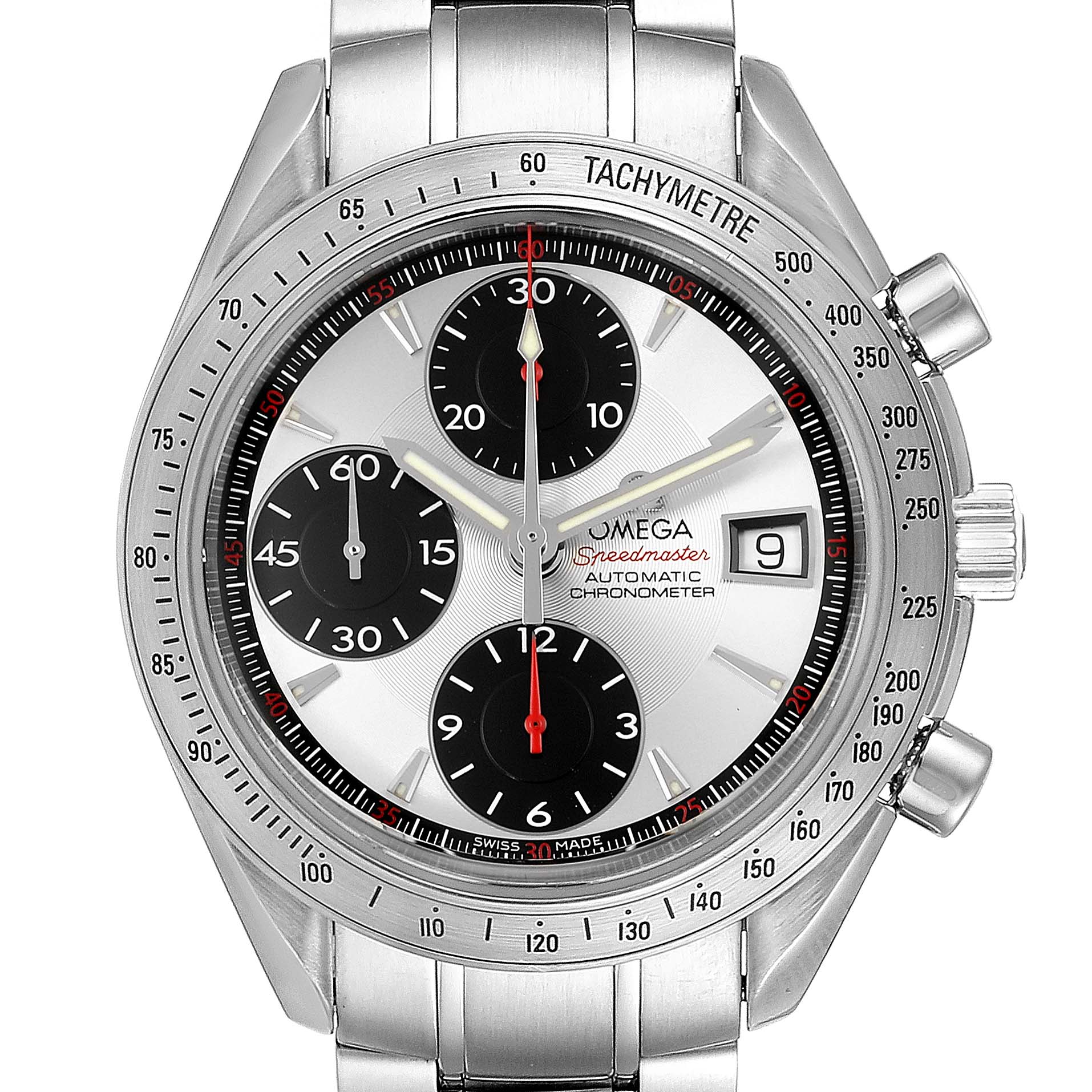 The image shows a front view of an Omega Speedmaster 3211.31.00 Men
s Stainless Steel Silver Dial 3211.31.00 Men
s Stainless Steel Silver Dial watch, highlighting the chronograph sub-dials, tachymeter, and date window.