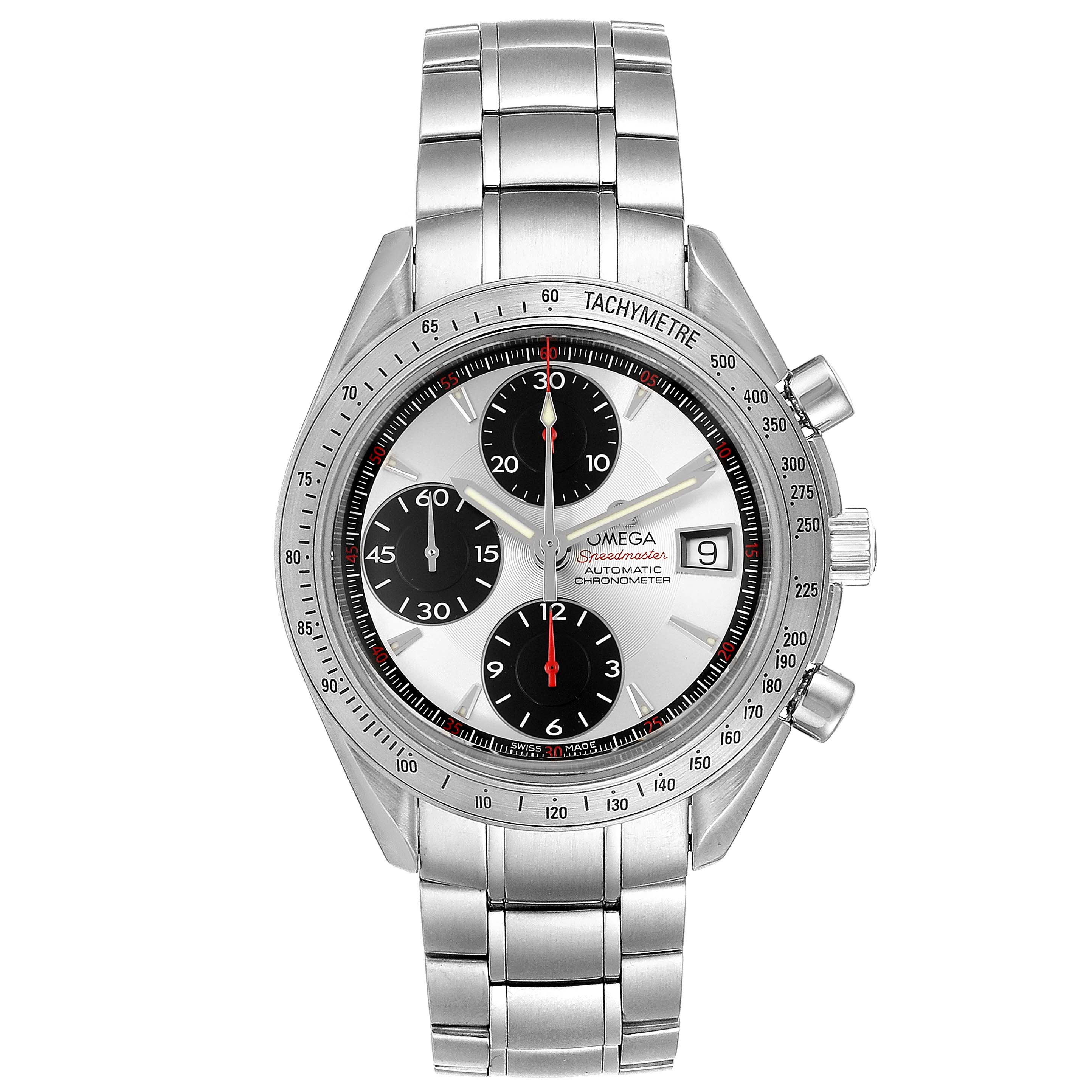 The image shows a frontal view of an Omega Speedmaster 3211.31.00 Men
s Stainless Steel Silver Dial 3211.31.00 Men
s Stainless Steel Silver Dial watch, displaying its face, bezel, subdials, and metal bracelet.