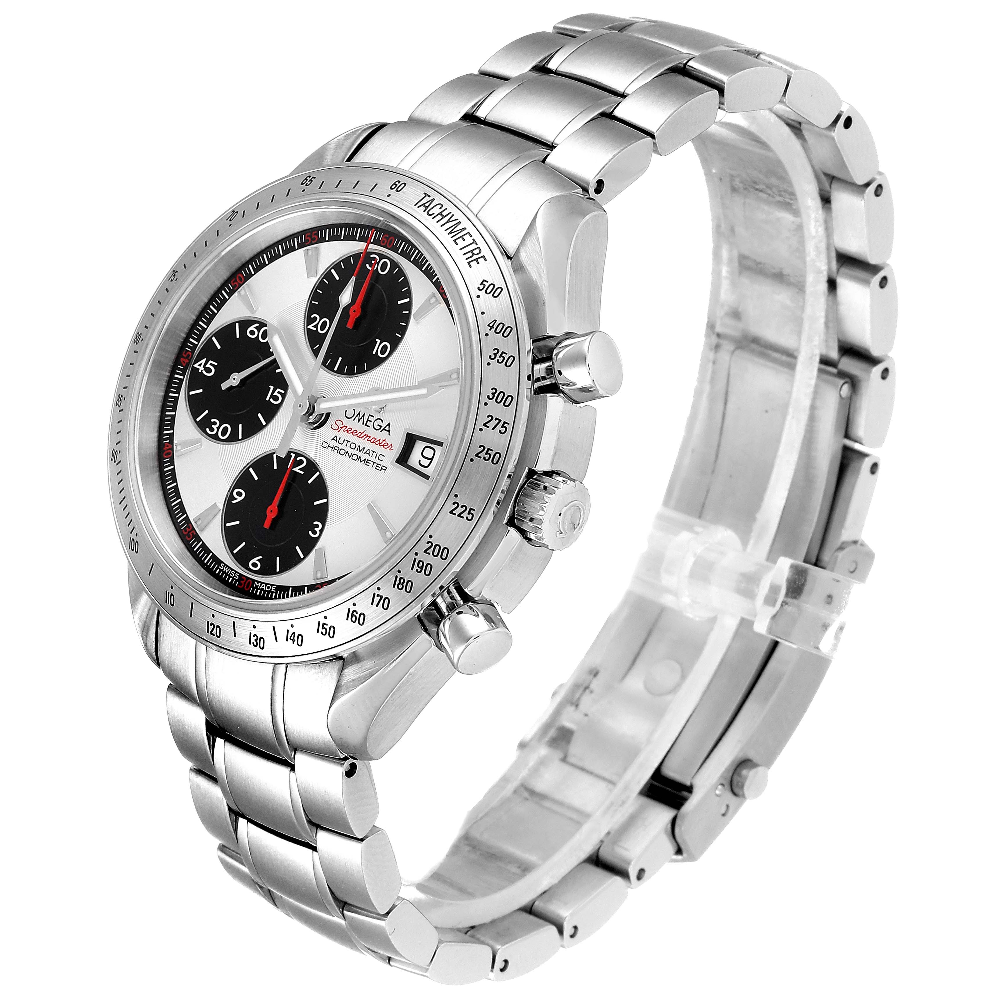 The image shows an Omega Speedmaster 3211.31.00 Men
s Stainless Steel Silver Dial 3211.31.00 Men
s Stainless Steel Silver Dial watch at an oblique angle, highlighting its face, bezel, and metal bracelet.