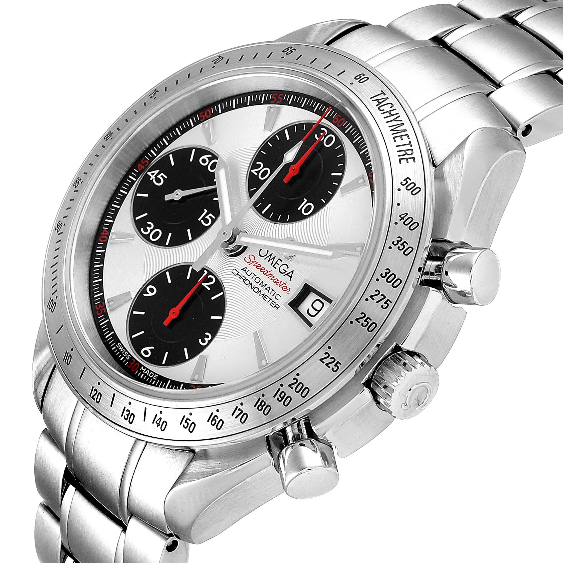 This image shows a close-up, angled view of the Omega Speedmaster 3211.31.00 Men
s Stainless Steel Silver Dial 3211.31.00 Men
s Stainless Steel Silver Dial watch, showcasing the dial, bezel, and chronograph buttons.