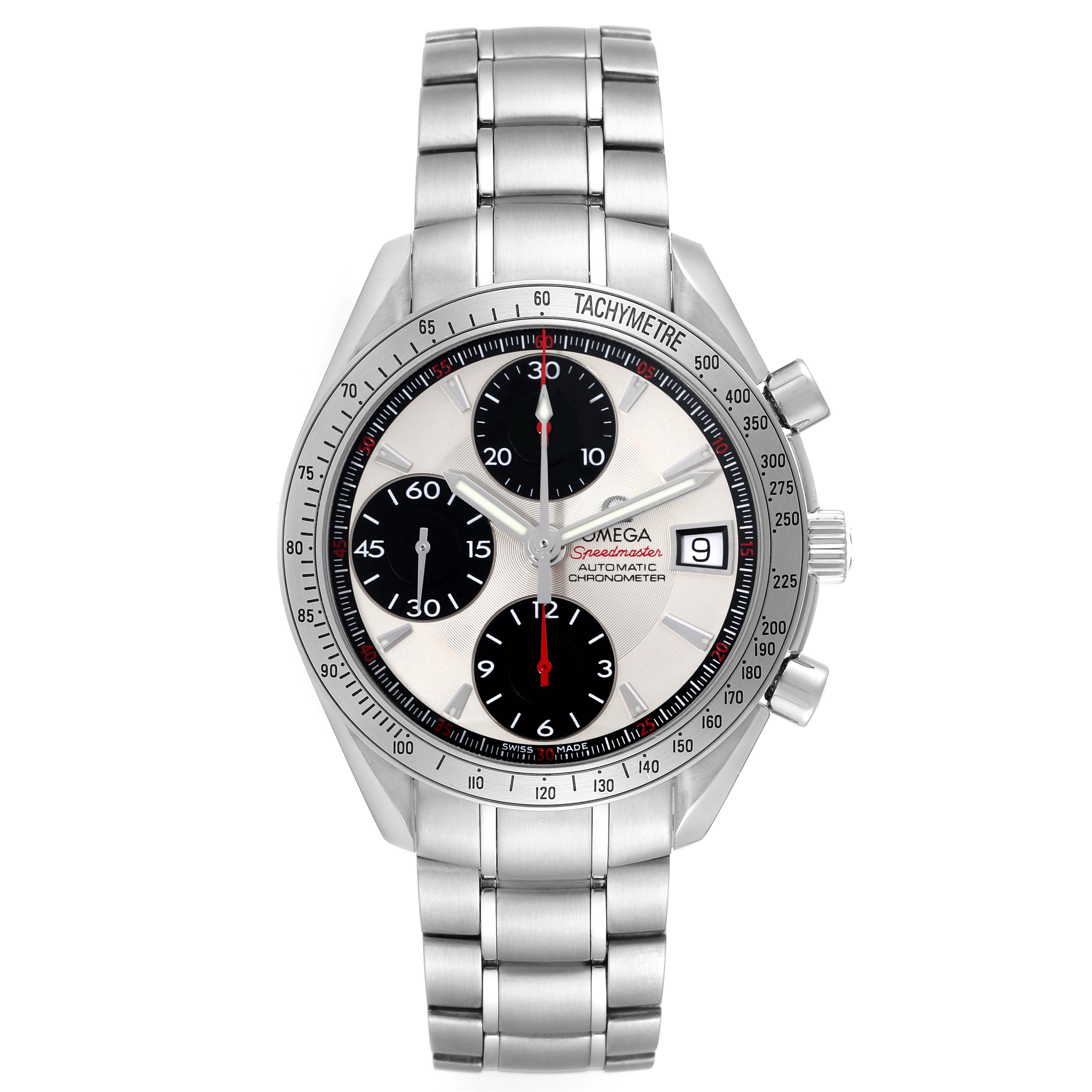 The Omega Speedmaster 3211.31.00 Men
s Stainless Steel Silver Dial 3211.31.00 Men
s Stainless Steel Silver Dial watch is shown from a front view, highlighting the face, tachymeter, and bracelet.