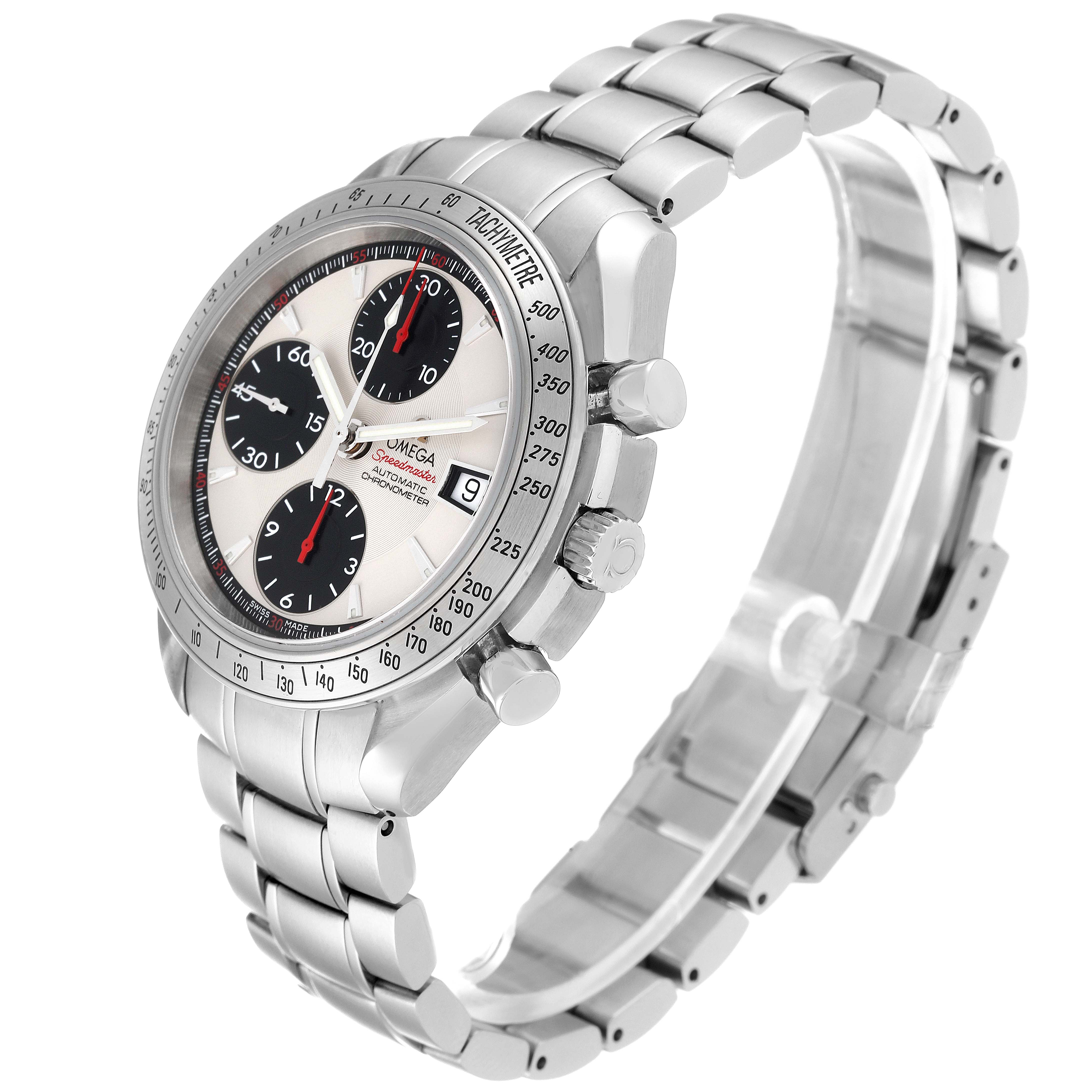 The Omega Speedmaster 3211.31.00 Men
s Stainless Steel Silver Dial 3211.31.00 Men
s Stainless Steel Silver Dial watch is shown at an angle highlighting its face, bezel, pushers, and stainless steel bracelet.