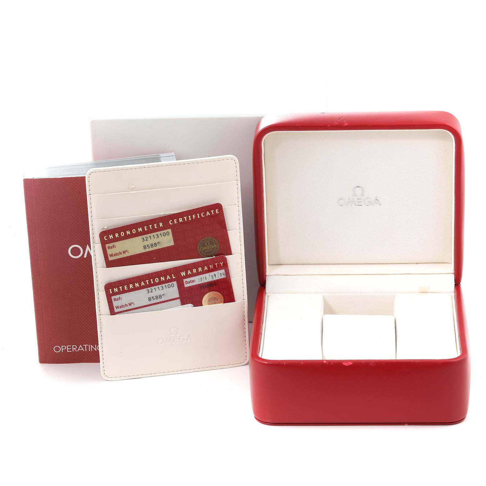 The image shows an Omega Speedmaster 3211.31.00 Men
s Stainless Steel Silver Dial 3211.31.00 Men
s Stainless Steel Silver Dial watch box, chronometer certificate, international warranty, and operating instructions.