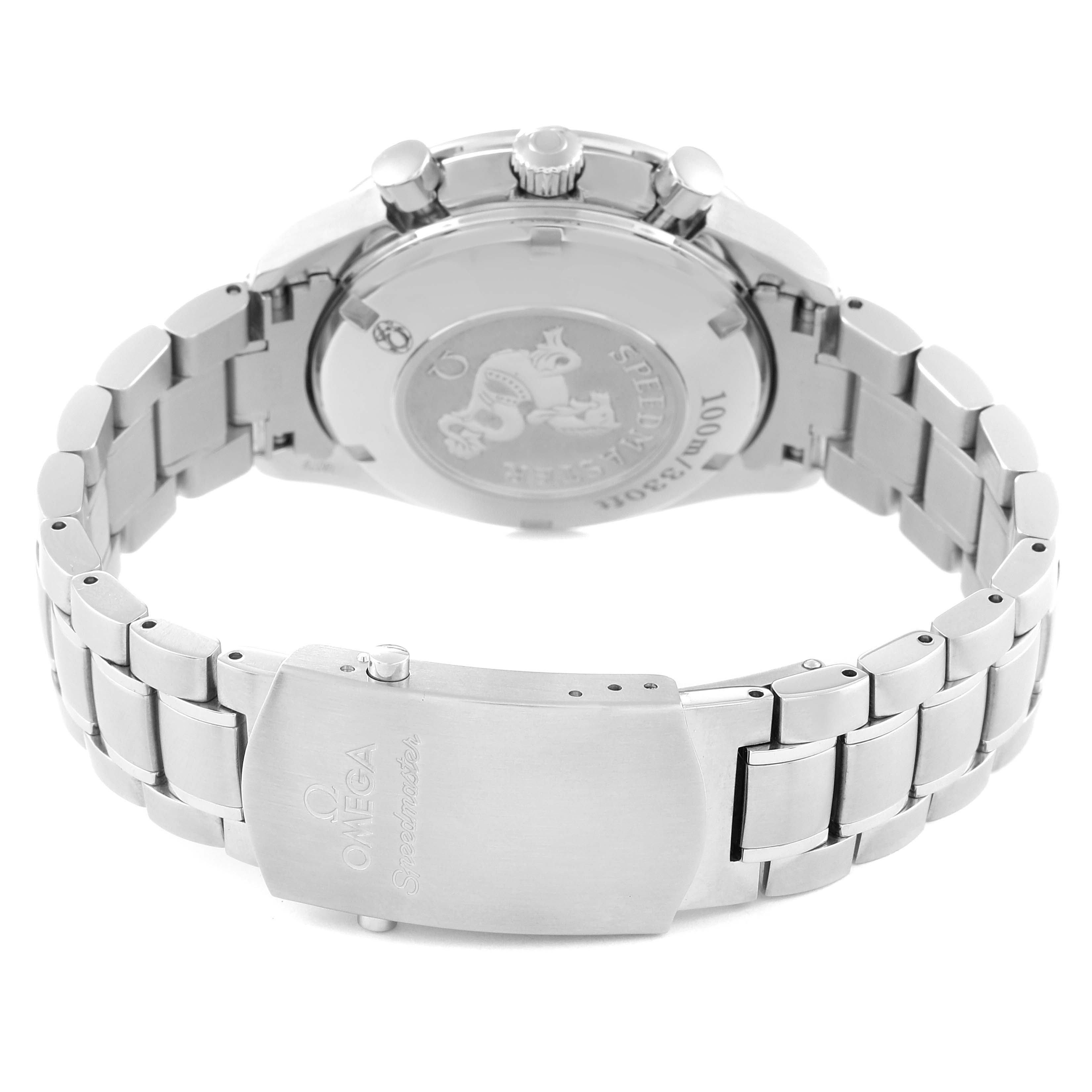 This image shows the back casing, bracelet, and clasp of an Omega Speedmaster 3211.31.00 Men
s Stainless Steel Silver Dial 3211.31.00 Men
s Stainless Steel Silver Dial watch, photographed from the rear.
