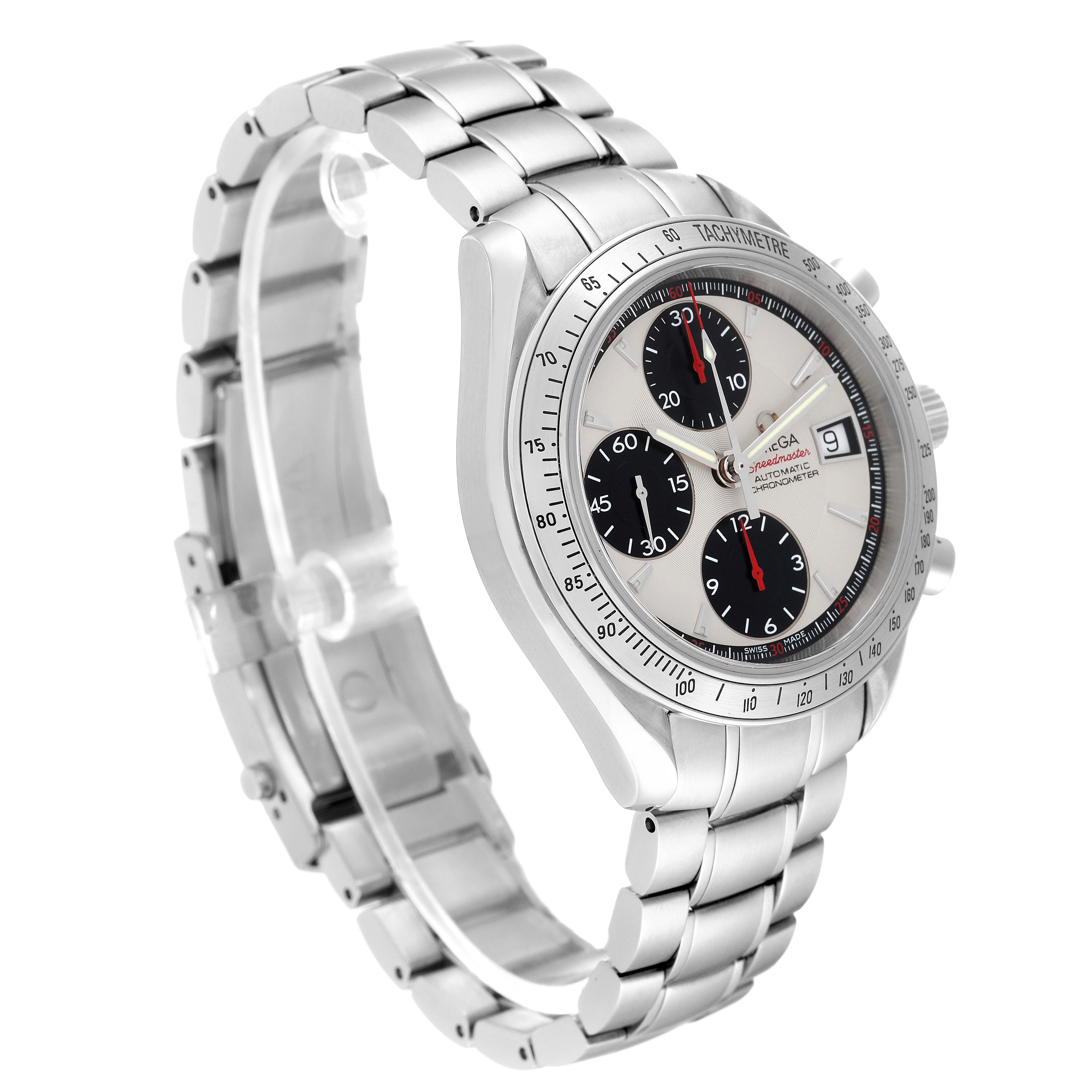 This image shows an Omega Speedmaster 3211.31.00 Men
s Stainless Steel Silver Dial 3211.31.00 Men
s Stainless Steel Silver Dial watch at a three-quarter angle, highlighting the dial, bezel, and metal bracelet.