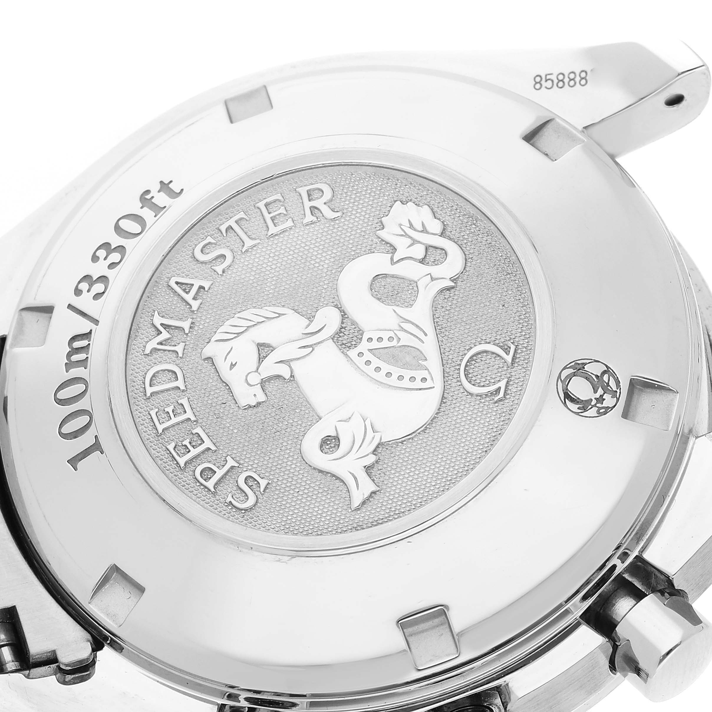 The image shows the case back of an Omega Speedmaster 3211.31.00 Men
s Stainless Steel Silver Dial 3211.31.00 Men
s Stainless Steel Silver Dial watch, detailing the 100m/330ft water resistance and Speedmaster engraving.