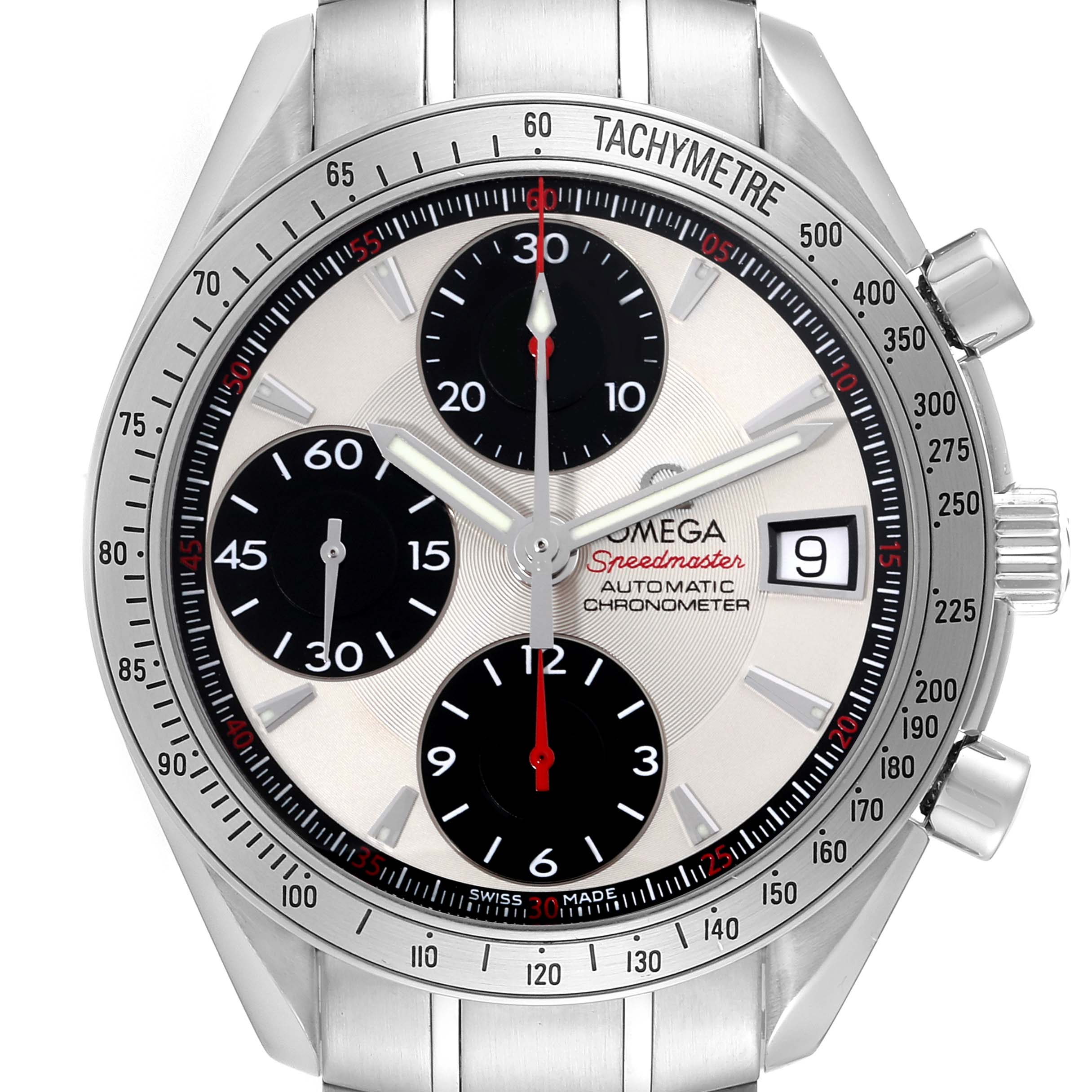 The Omega Speedmaster 3211.31.00 Men
s Stainless Steel Silver Dial 3211.31.00 Men
s Stainless Steel Silver Dial watch is shown from the front, displaying the dial, chronograph subdials, date window, and bracelet.