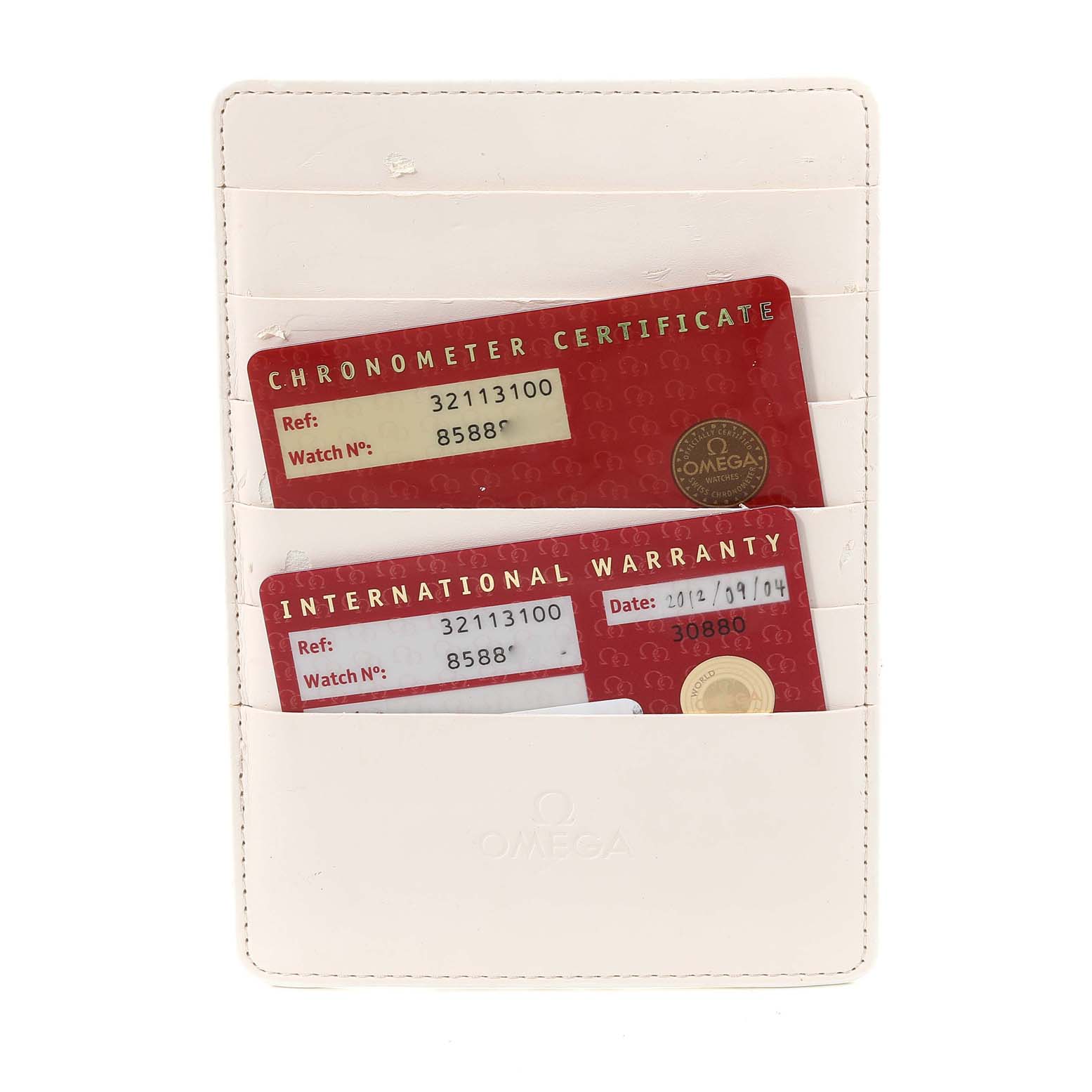 The image shows the Chronometer Certificate and International Warranty cards for the Omega Speedmaster 3211.31.00 Men
s Stainless Steel Silver Dial 3211.31.00 Men
s Stainless Steel Silver Dial, stored in a white cardholder.