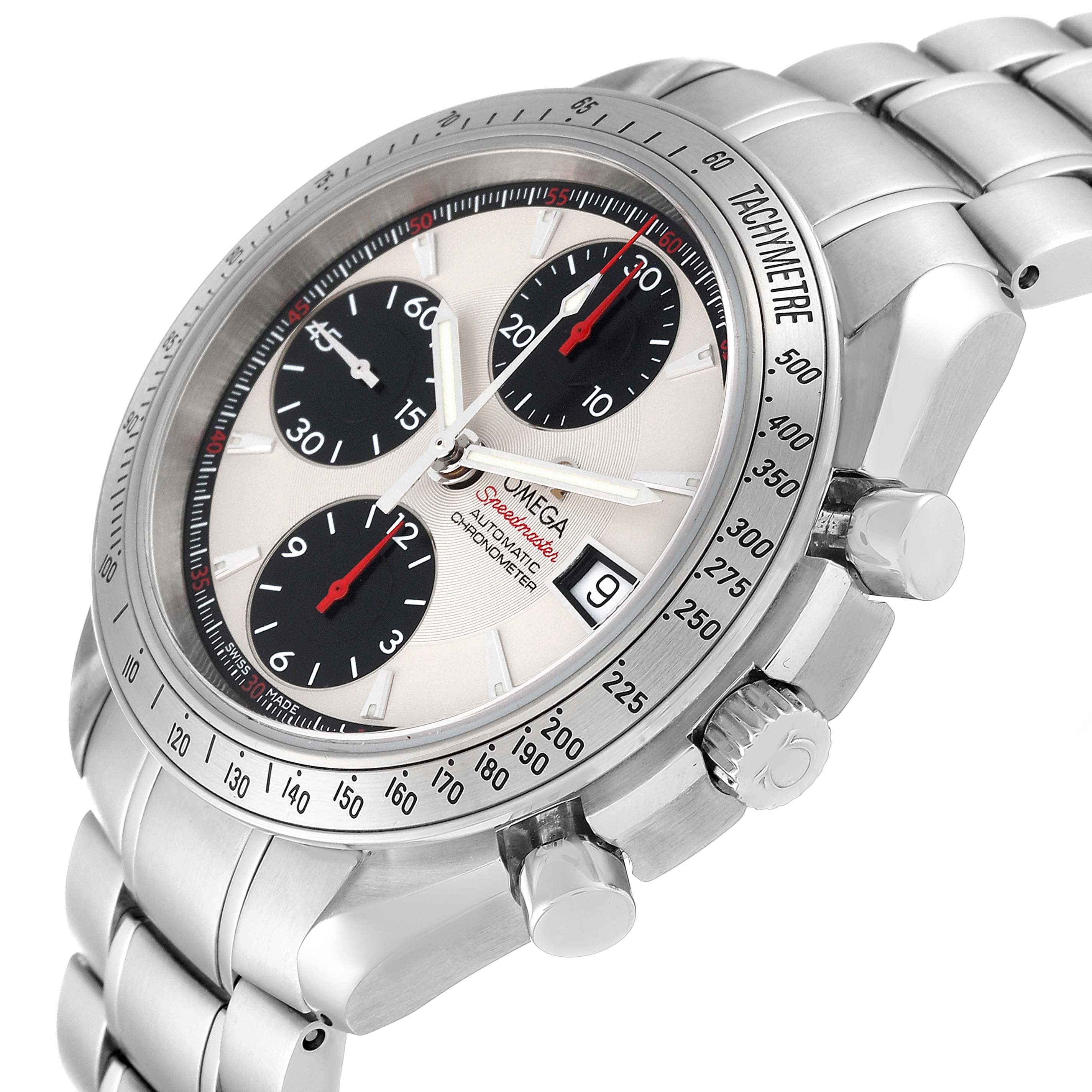 This image shows an angled view of an Omega Speedmaster 3211.31.00 Men
s Stainless Steel Silver Dial 3211.31.00 Men
s Stainless Steel Silver Dial watch, highlighting its dial, tachymeter bezel, and side buttons.