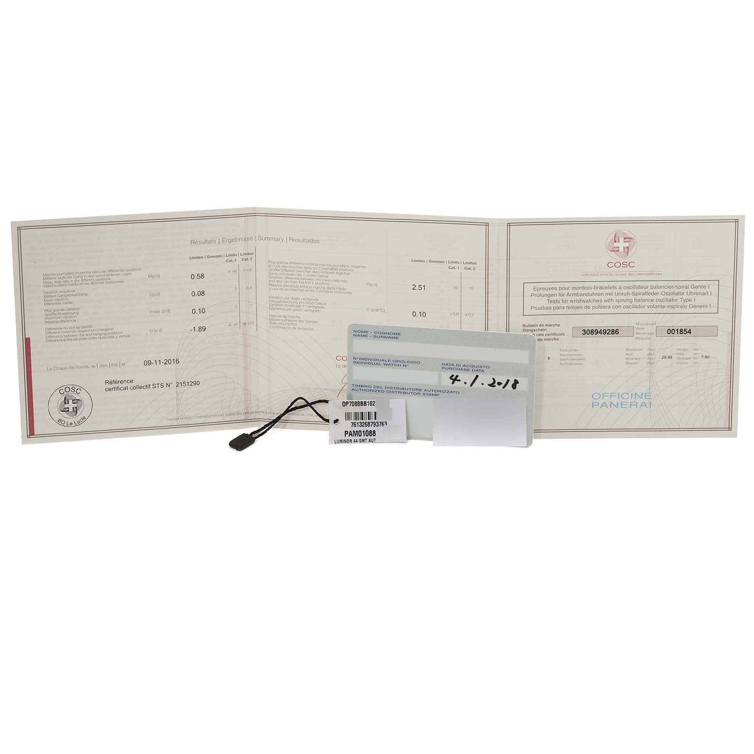 The image shows documents and accessories for a Panerai Luminor PAM01088 Men
s Stainless Steel Black Dial PAM01088 Men
s Stainless Steel Black Dial model, including certificates and a tag, displayed from the front.