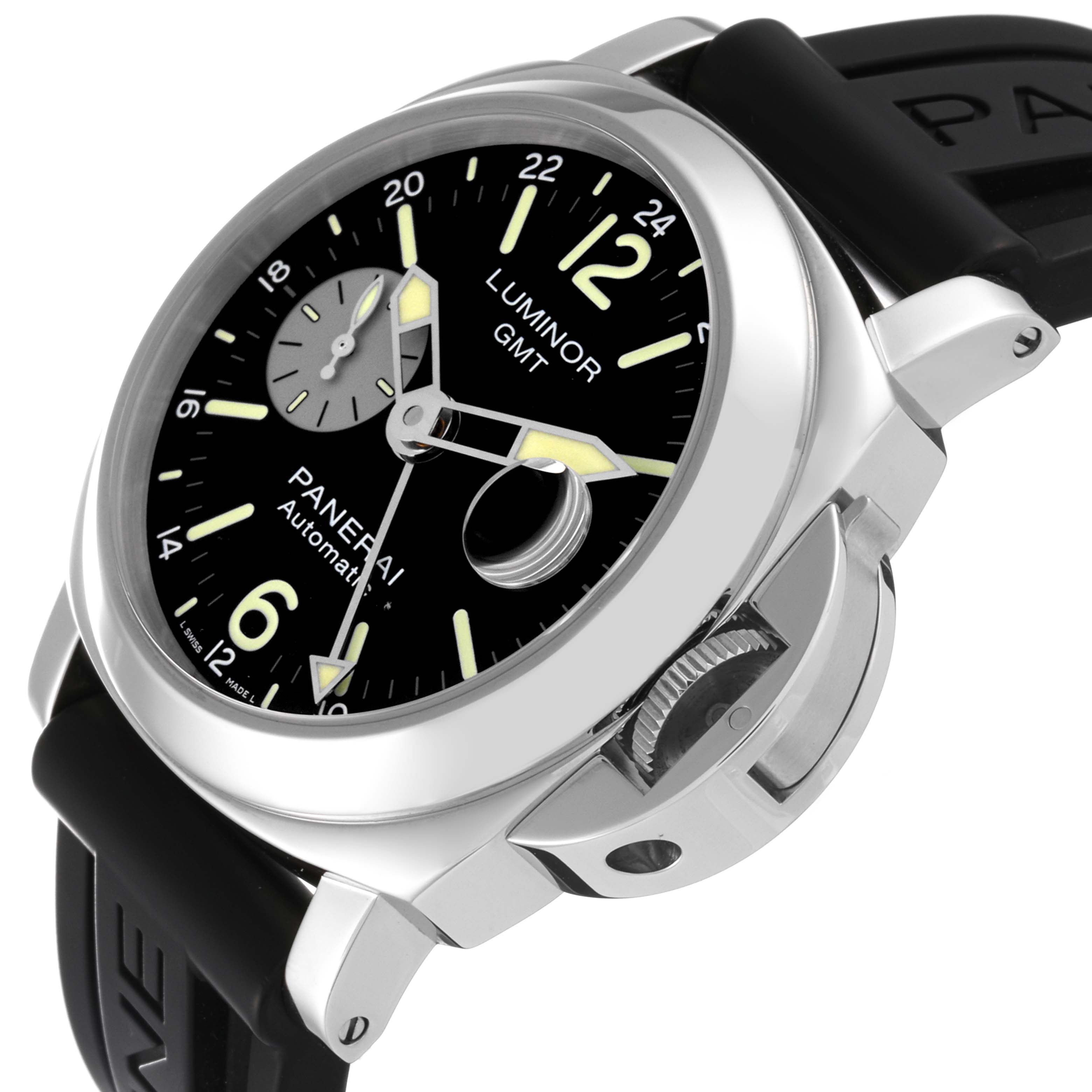 The image shows a Panerai Luminor PAM01088 Men
s Stainless Steel Black Dial PAM01088 Men
s Stainless Steel Black Dial watch from an angled side view, highlighting the dial, crown guard, and black rubber strap.