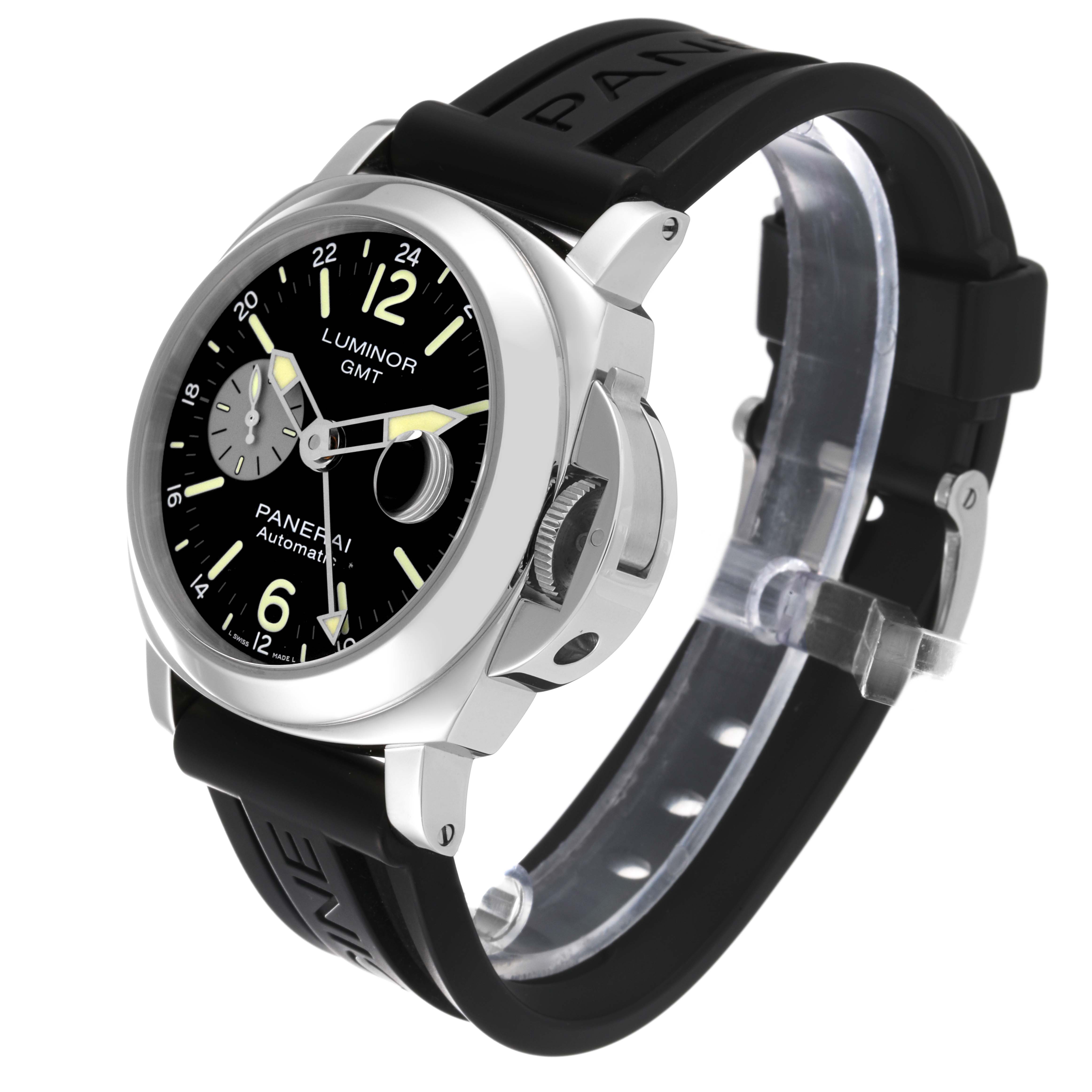 The Panerai Luminor PAM01088 Men
s Stainless Steel Black Dial PAM01088 Men
s Stainless Steel Black Dial watch is shown at an angle, highlighting the face, bezel, crown guard, and black rubber strap.