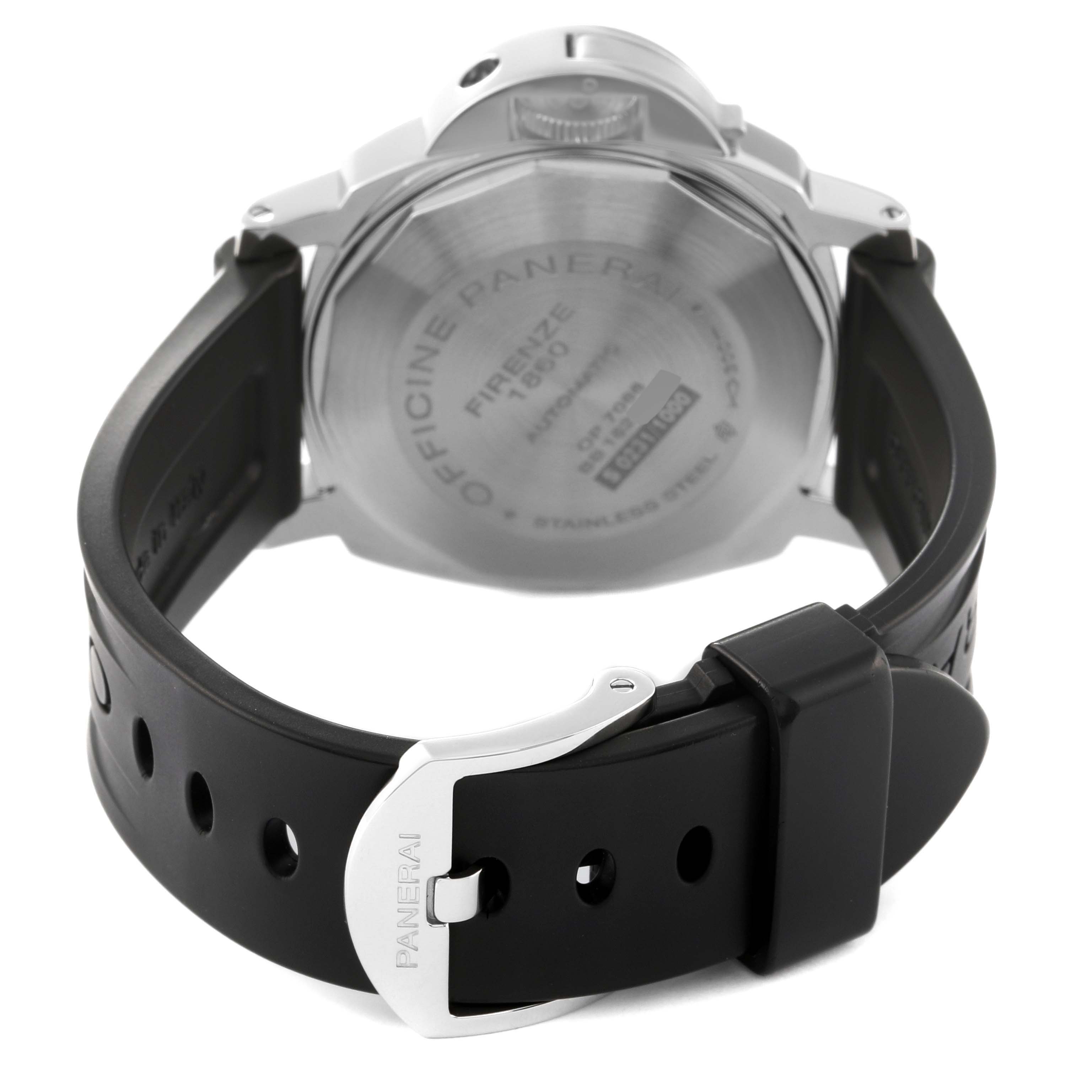 The image shows the back of a Panerai Luminor PAM01088 Men
s Stainless Steel Black Dial PAM01088 Men
s Stainless Steel Black Dial watch, including the case back and black rubber strap with a "Panerai" engraved buckle.