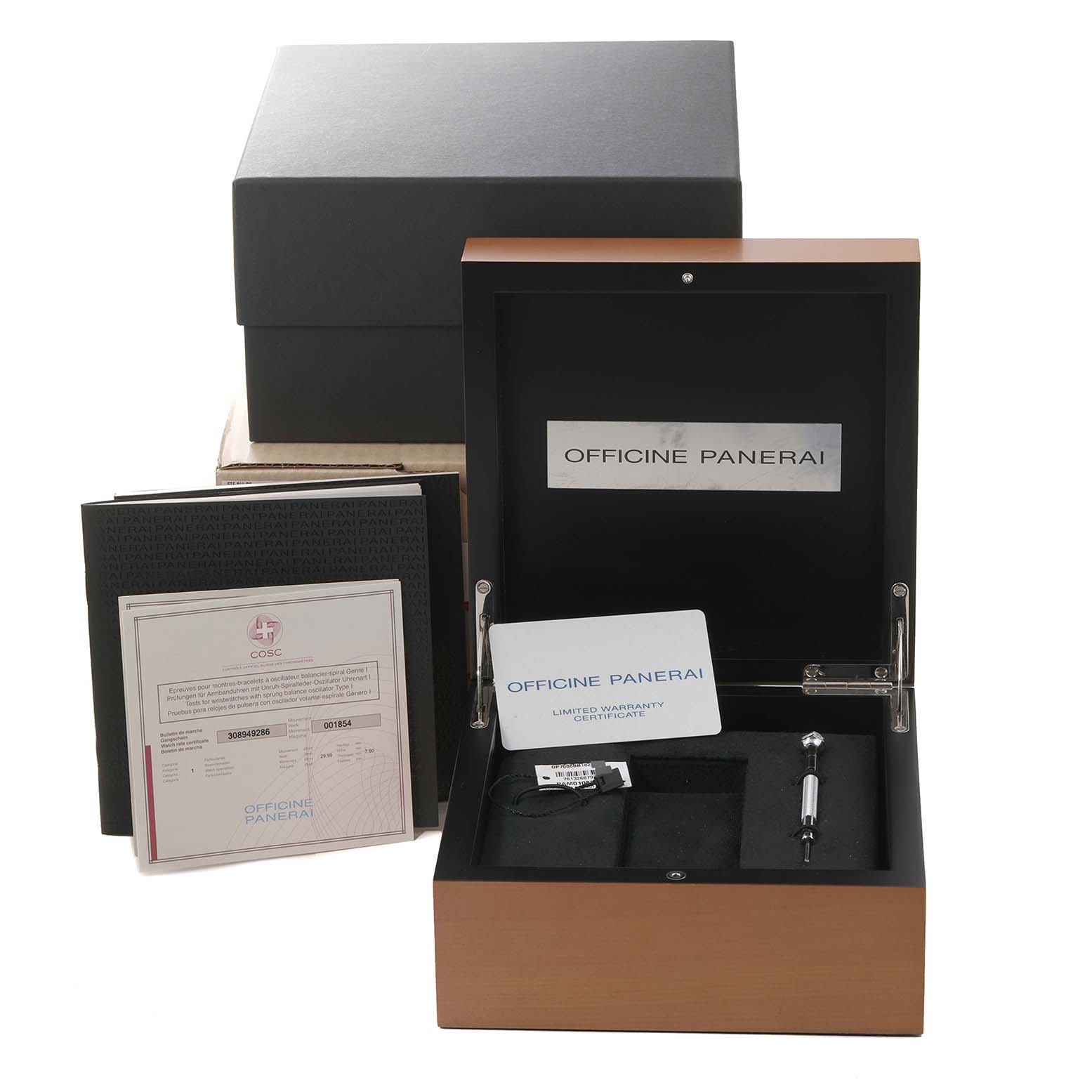 The image shows an open case for a Panerai Luminor PAM01088 Men
s Stainless Steel Black Dial PAM01088 Men
s Stainless Steel Black Dial watch, including the box, warranty card, and tools.