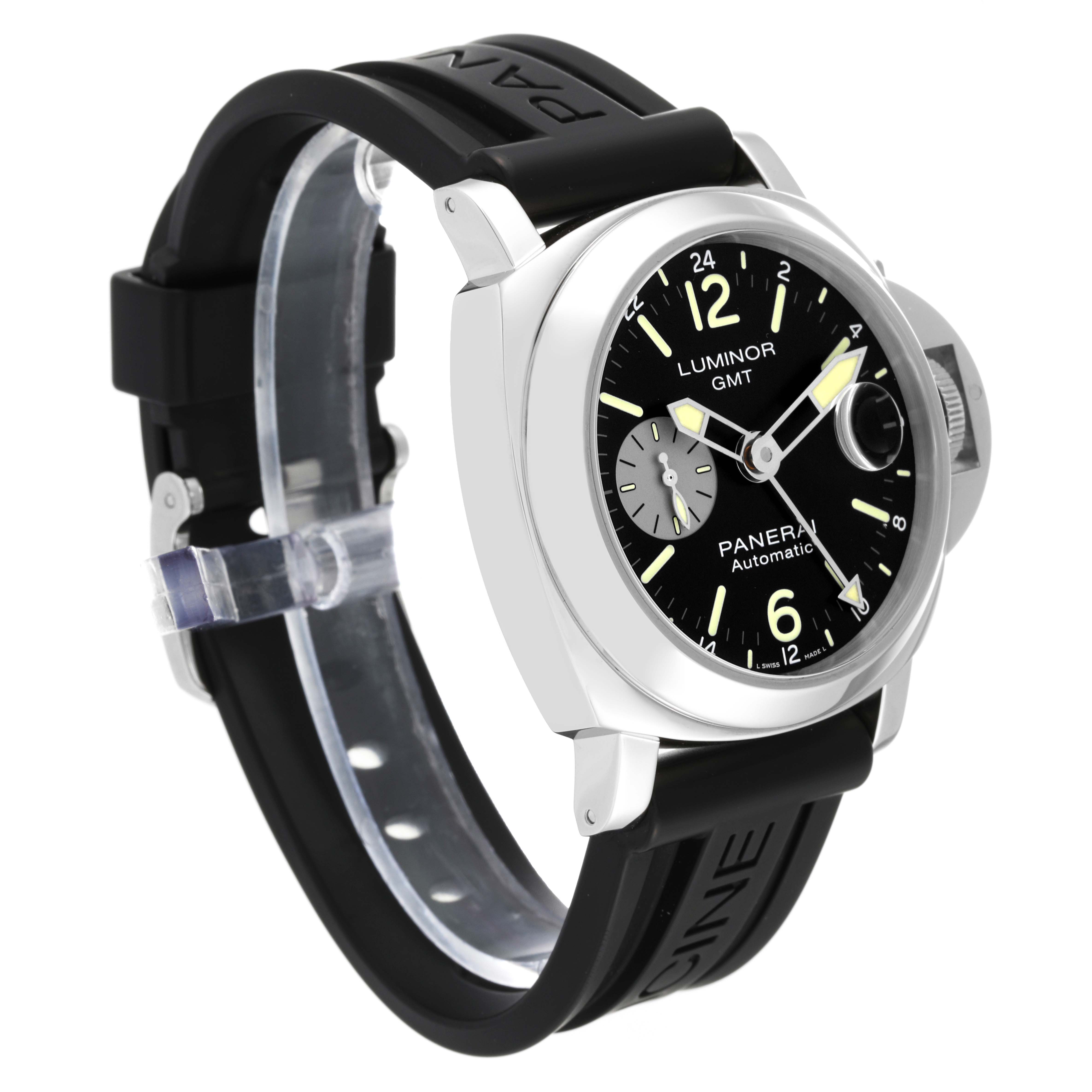 This image shows a Panerai Luminor PAM01088 Men
s Stainless Steel Black Dial PAM01088 Men
s Stainless Steel Black Dial GMT watch at a three-quarter angle, highlighting its dial, case, and rubber strap.