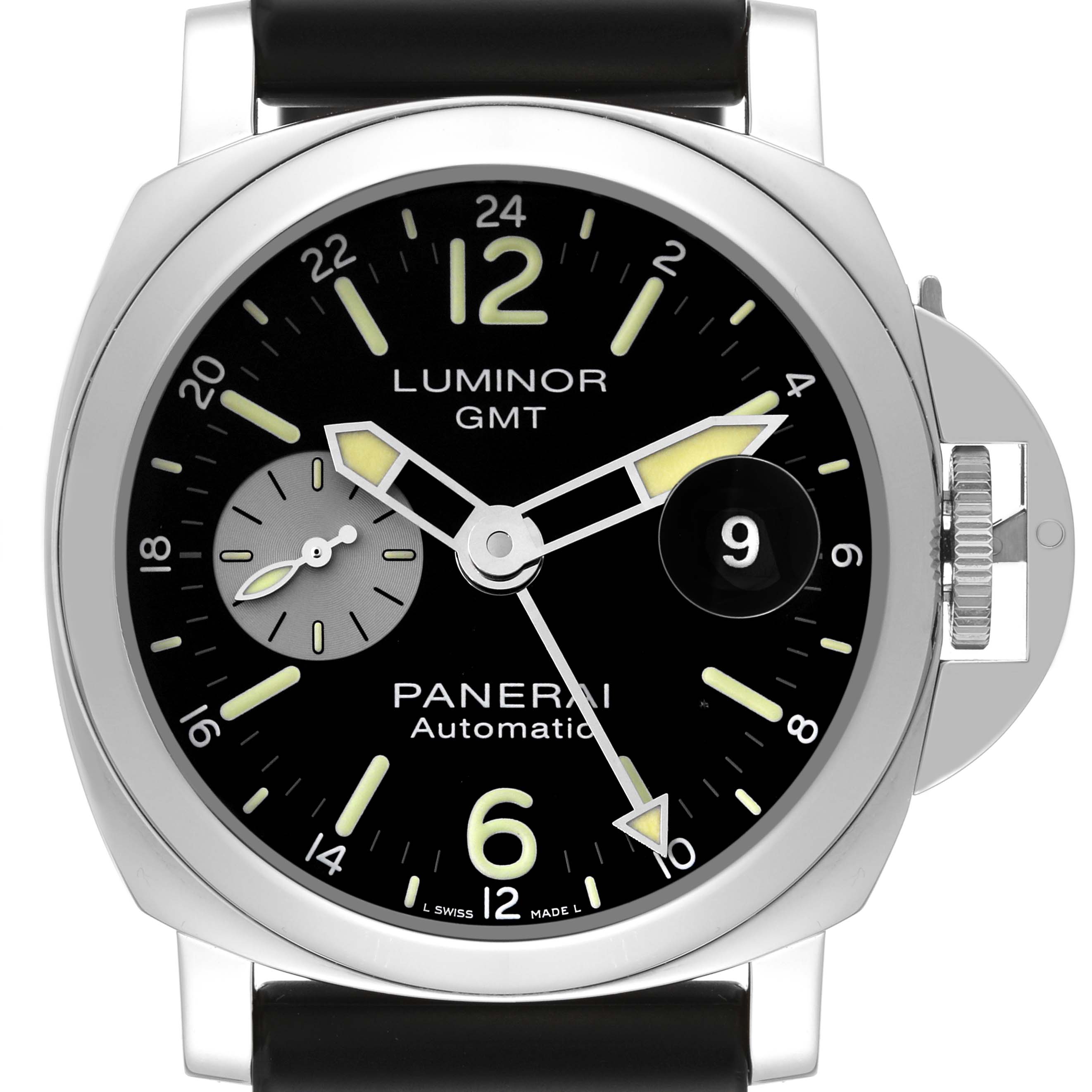 The image shows a front view of the Panerai Luminor PAM01088 Men
s Stainless Steel Black Dial PAM01088 Men
s Stainless Steel Black Dial GMT watch, displaying the dial, hands, crown guard, and strap.