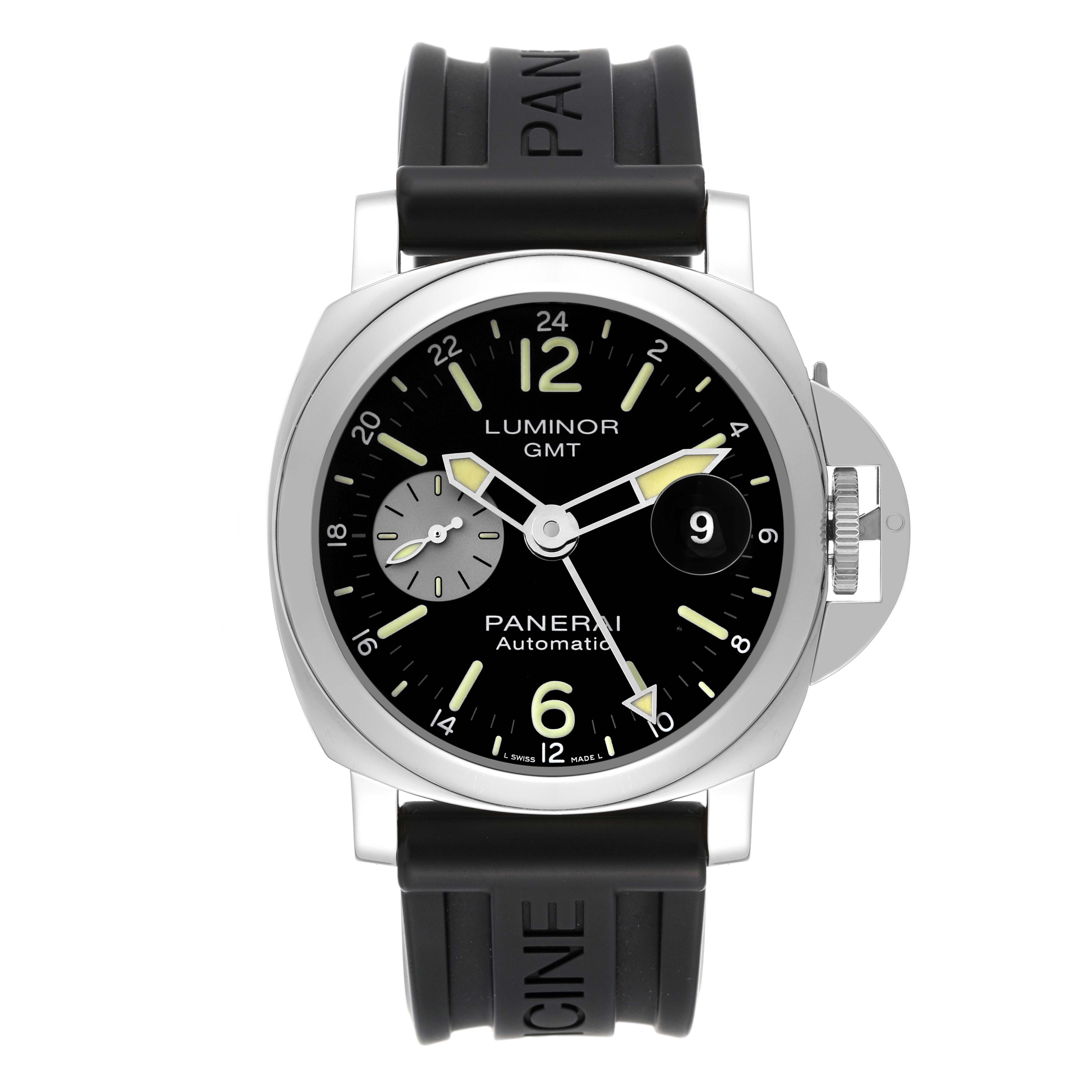 This image shows a frontal view of a Panerai Luminor PAM01088 Men
s Stainless Steel Black Dial PAM01088 Men
s Stainless Steel Black Dial GMT watch, displaying the dial, crown, and rubber strap.