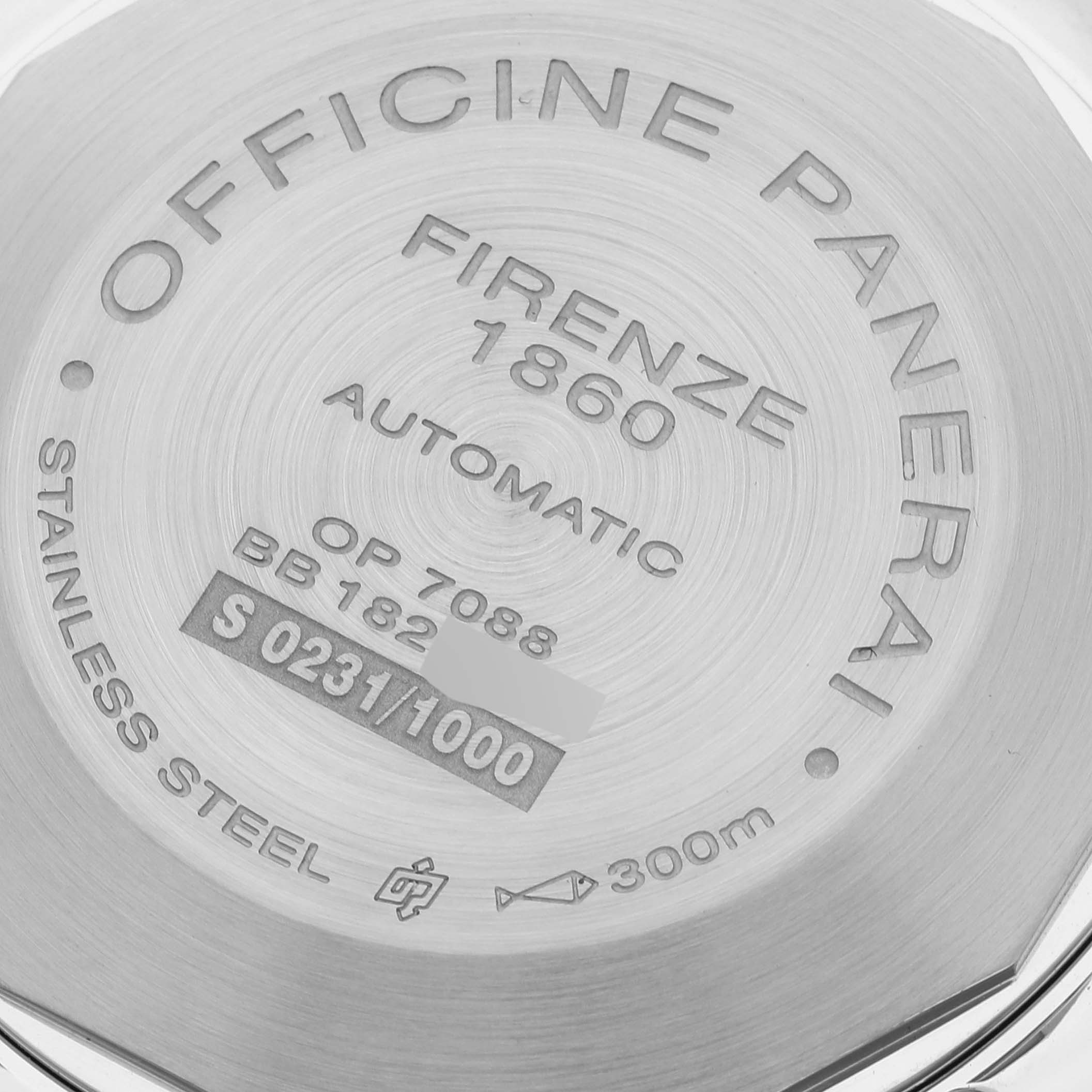 This image shows the back case of a Panerai Luminor PAM01088 Men
s Stainless Steel Black Dial PAM01088 Men
s Stainless Steel Black Dial watch, highlighting various engraved details.