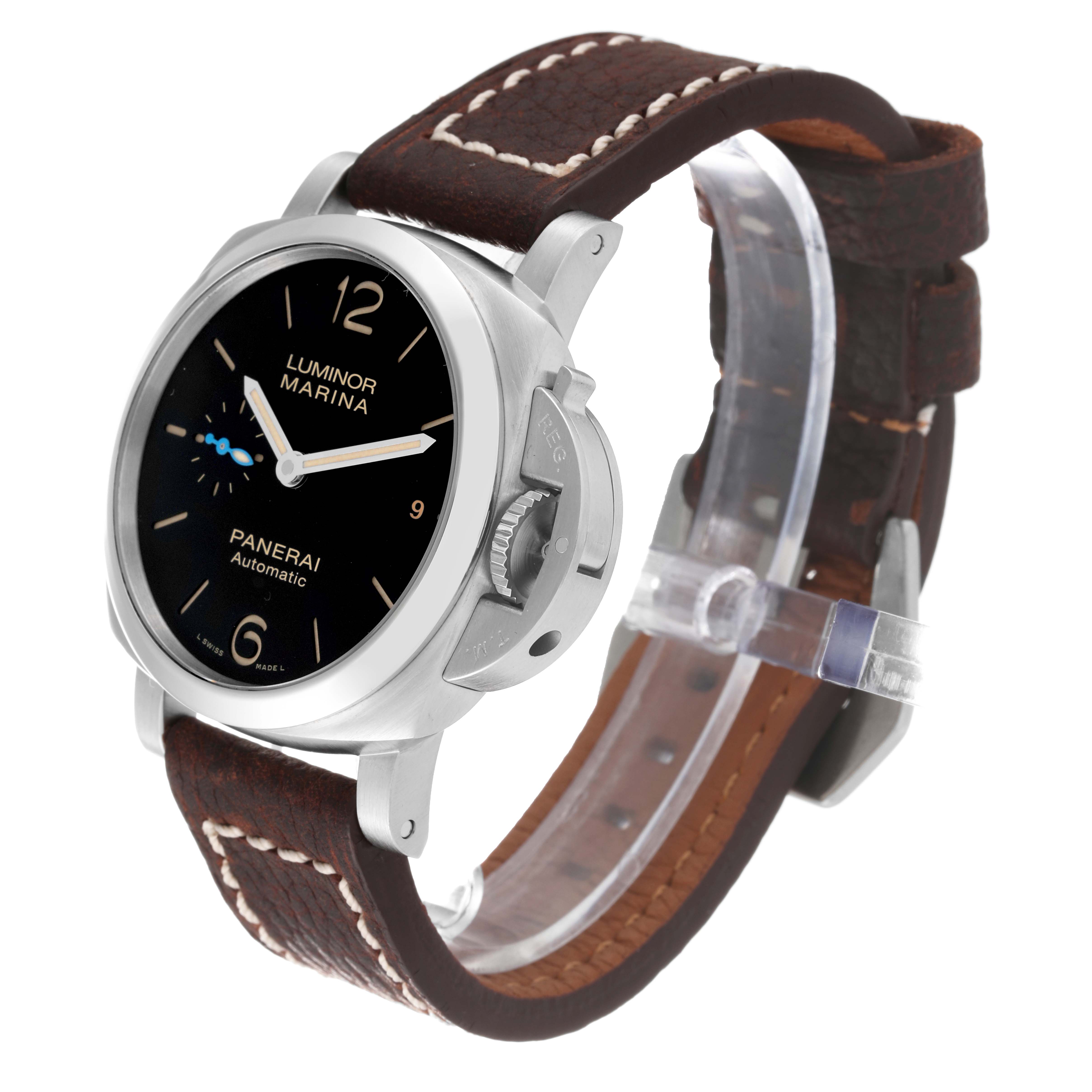 The image shows a Panerai Luminor PAM01392 Men
s Stainless Steel Black Dial PAM01392 Men
s Stainless Steel Black Dial model watch at a three-quarter angle, highlighting the face, case, crown, and leather strap.