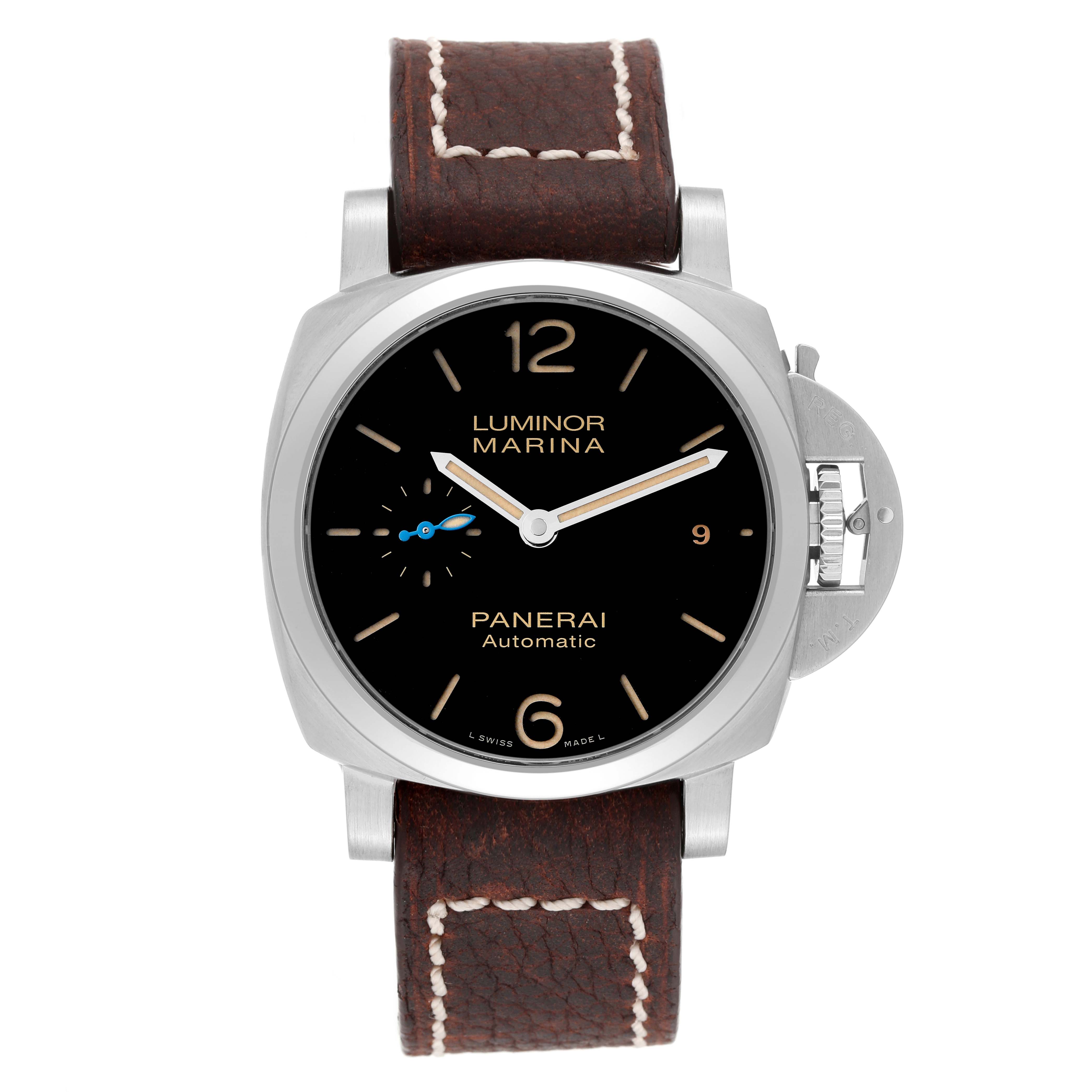The image shows a front view of a Panerai Luminor PAM01392 Men
s Stainless Steel Black Dial PAM01392 Men
s Stainless Steel Black Dial Marina watch, showcasing its dial, case, brown leather strap, and crown guard.