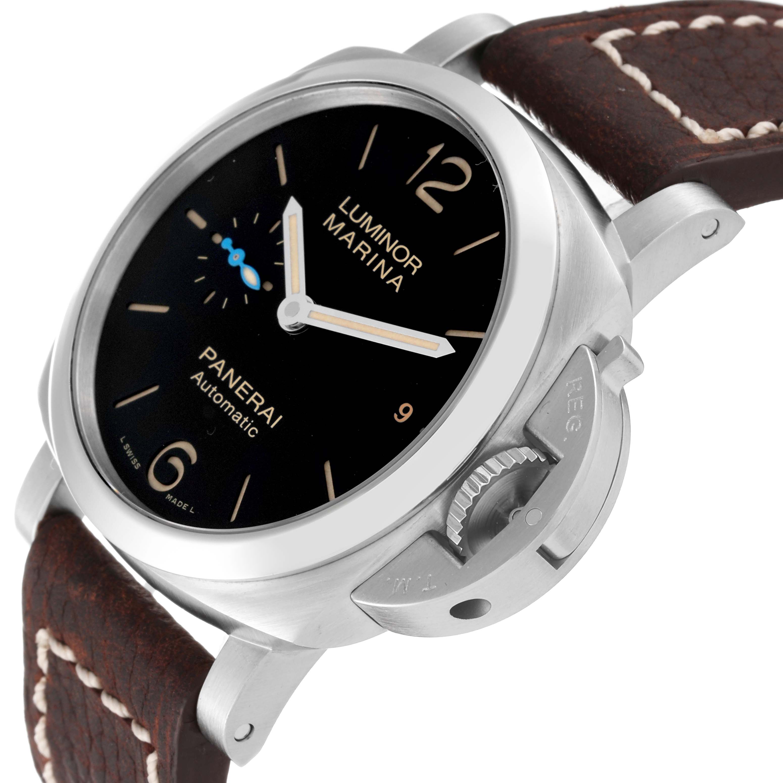 The image shows a side angle of the Panerai Luminor PAM01392 Men
s Stainless Steel Black Dial PAM01392 Men
s Stainless Steel Black Dial watch highlighting the case, crown guard, and part of the leather strap.