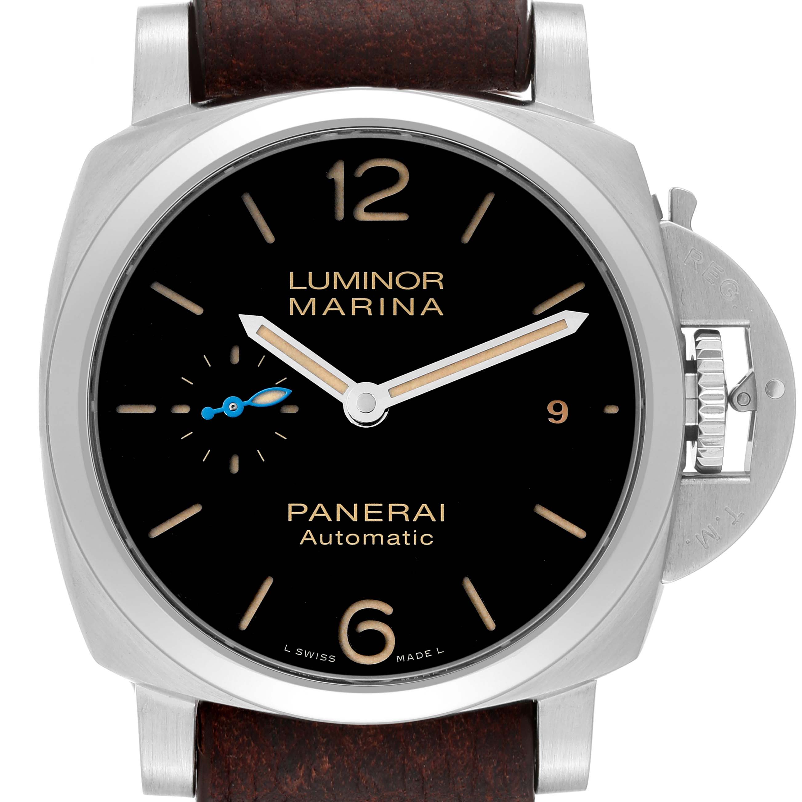 The image shows a front view of a Panerai Luminor PAM01392 Men
s Stainless Steel Black Dial PAM01392 Men
s Stainless Steel Black Dial Marina watch, highlighting its black dial, luminescent hands, and unique crown guard.