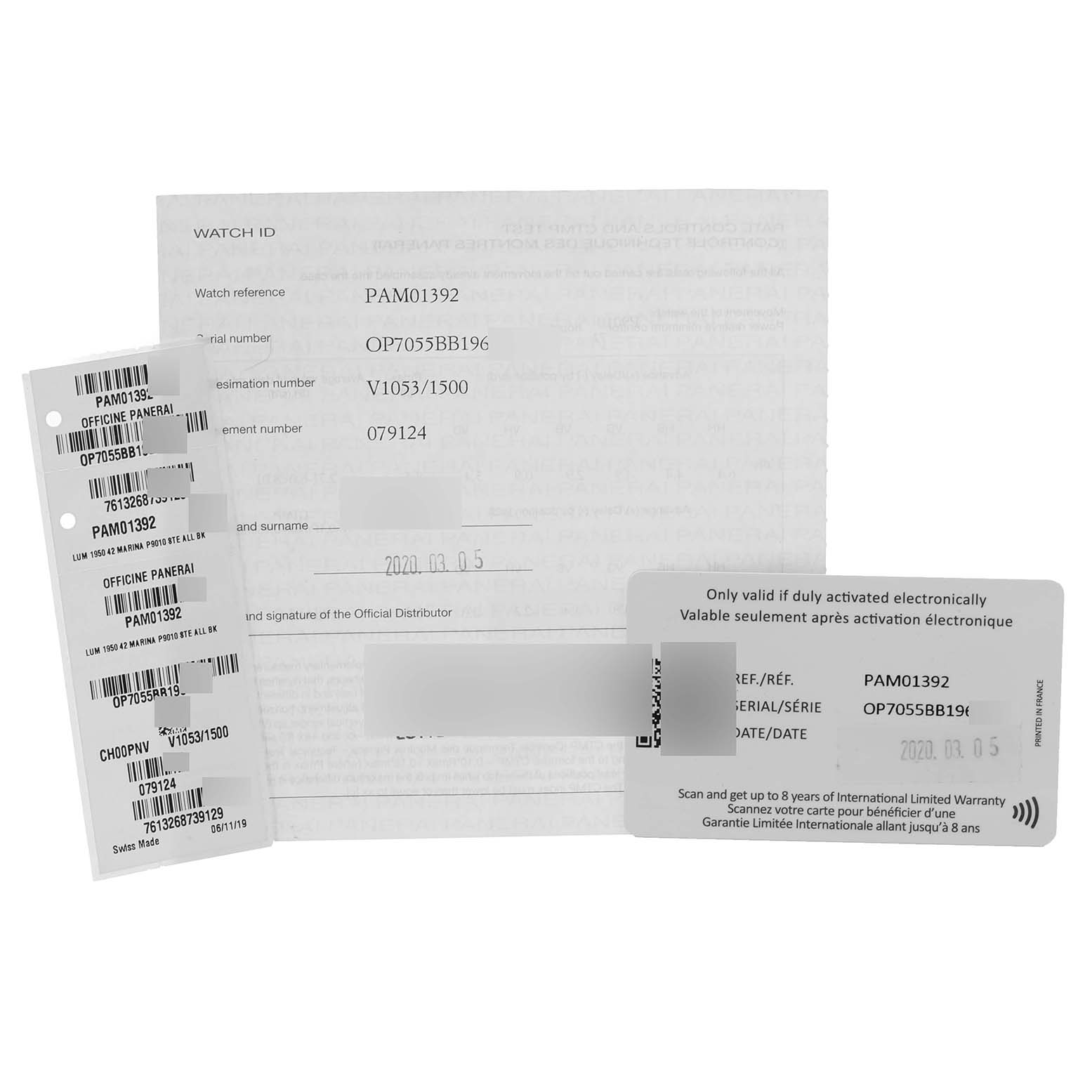 The image shows documentation and warranty cards for the Luminor model by Panerai, including references and serial numbers.