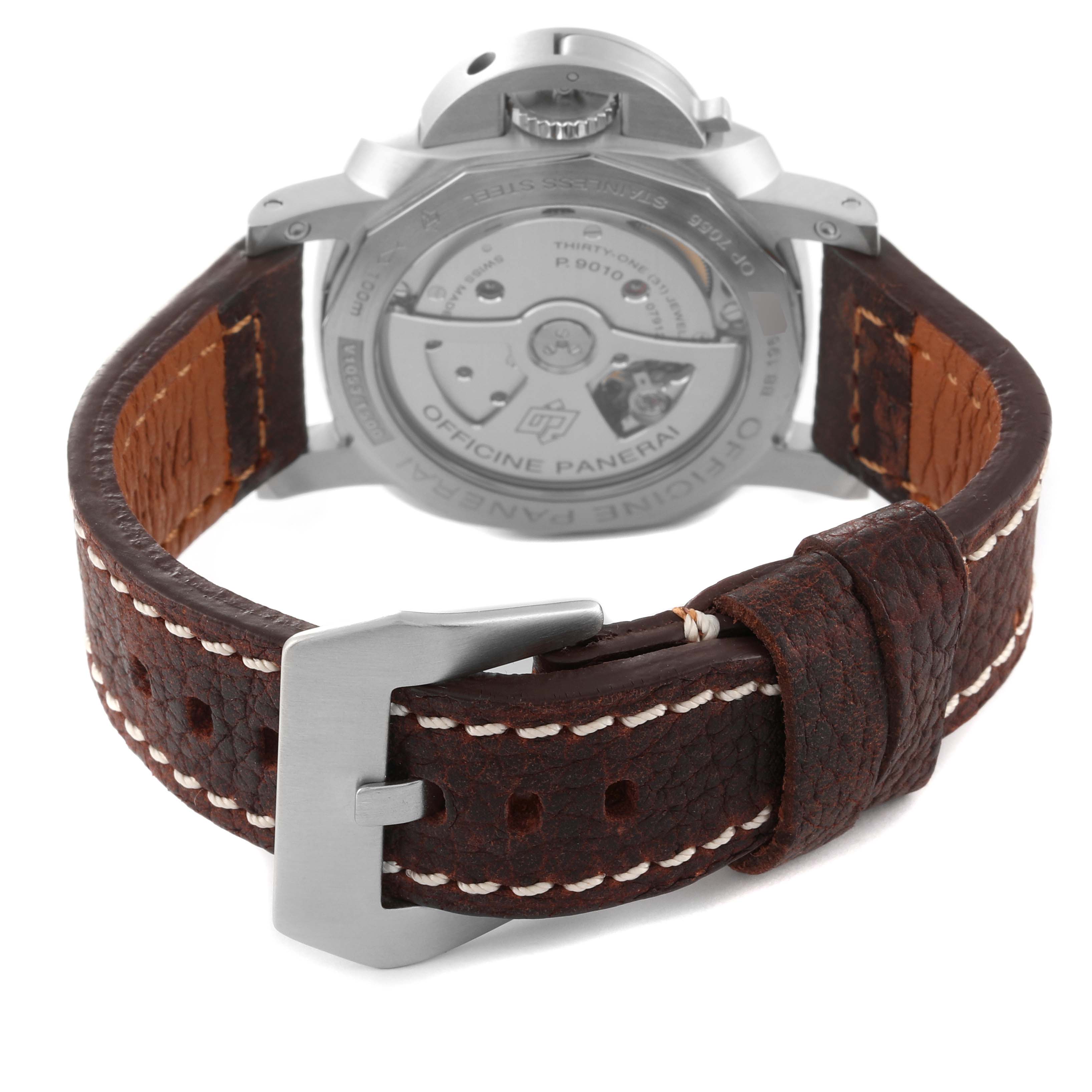 The image shows the back of a Panerai Luminor PAM01392 Men
s Stainless Steel Black Dial PAM01392 Men
s Stainless Steel Black Dial watch, highlighting the leather strap, buckle, and the watch
s case back.