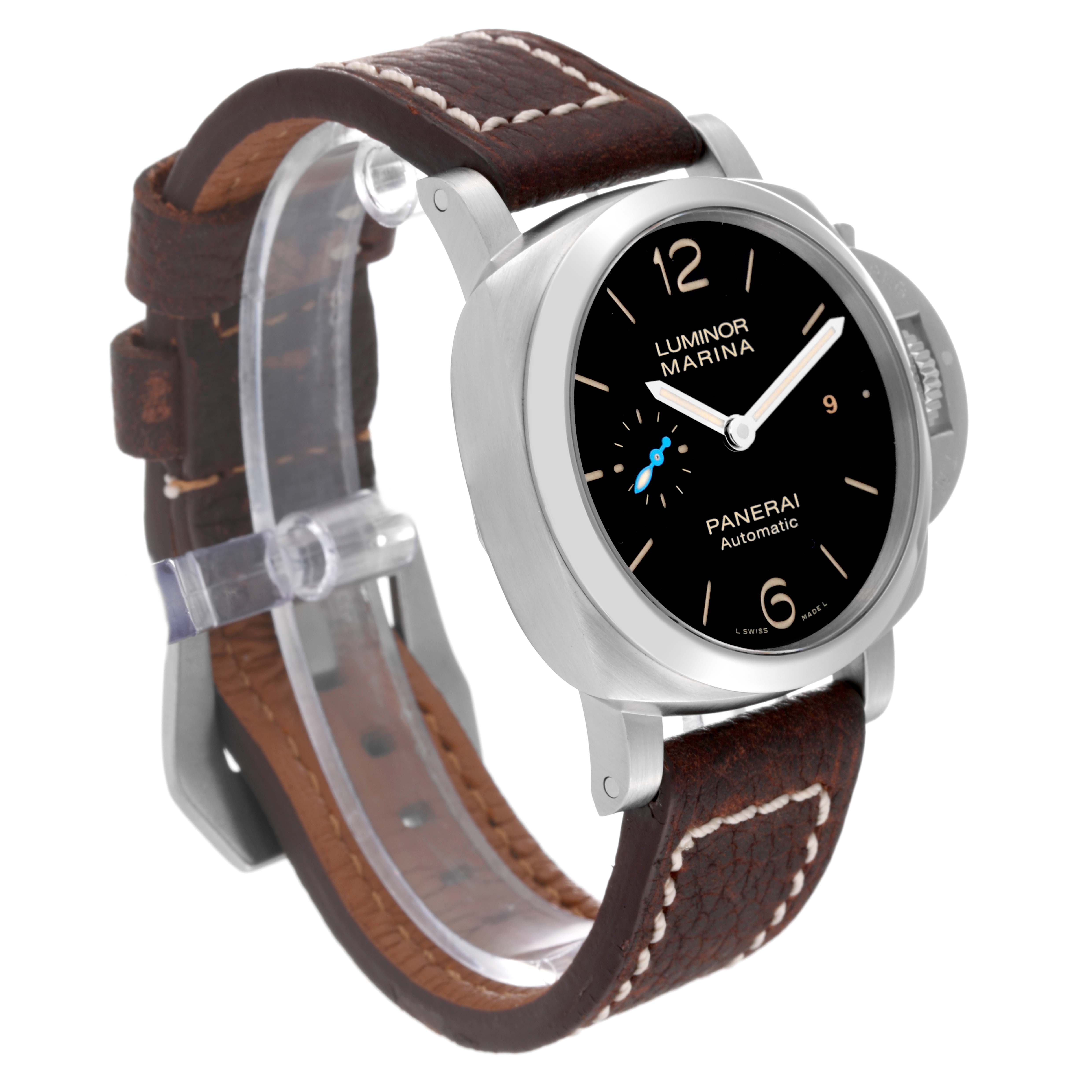 The image shows a Panerai Luminor PAM01392 Men
s Stainless Steel Black Dial PAM01392 Men
s Stainless Steel Black Dial model watch at a slight angle, highlighting its dial, crown guard, and brown leather strap.