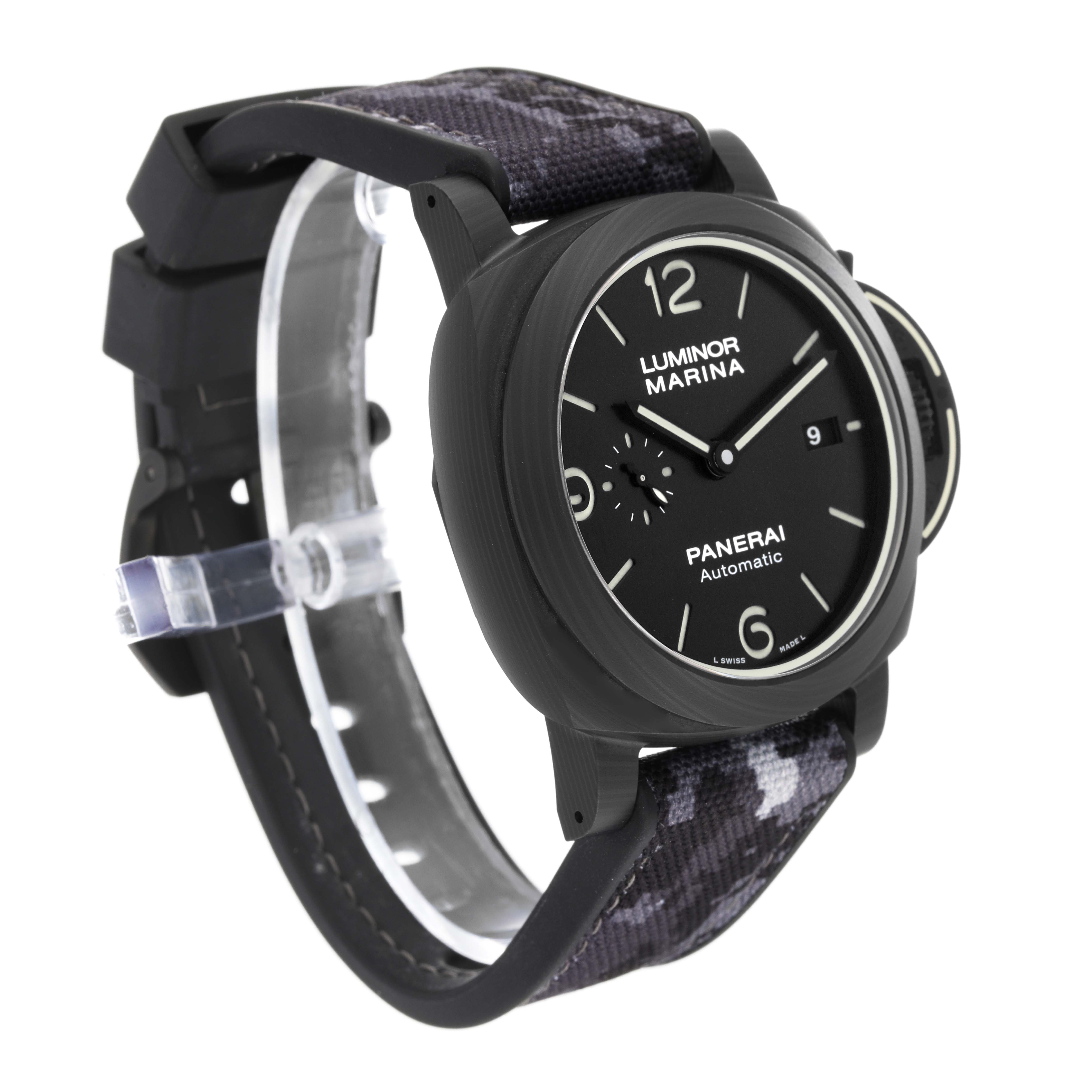 The image shows a side angle view of a Panerai Luminor PAM01118 Men's Titanium Black Dial PAM01118 Men's Titanium Black Dial Marina watch, highlighting its black case, dial, and camouflage strap.