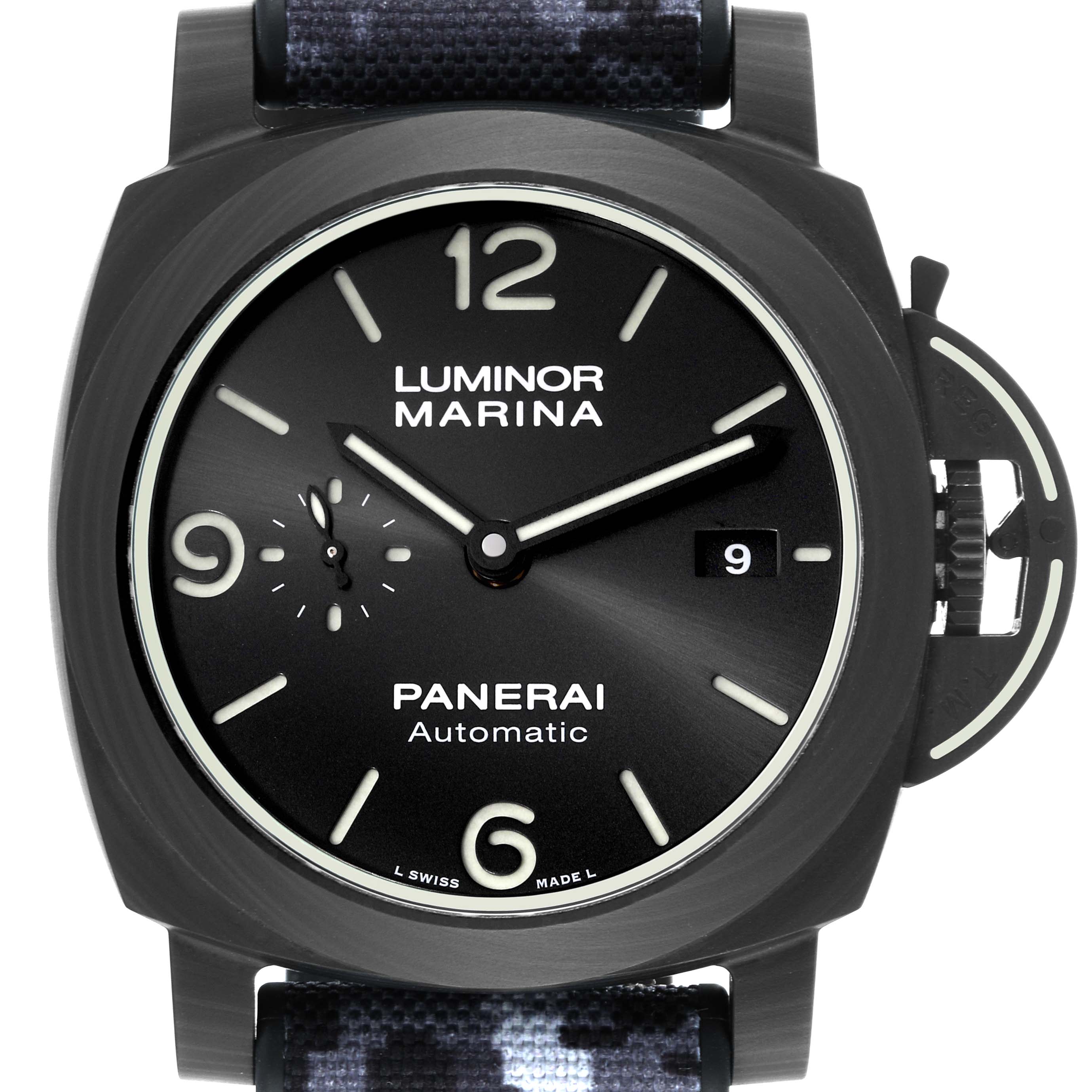 The image shows a front view of a Panerai Luminor PAM01118 Men's Titanium Black Dial PAM01118 Men's Titanium Black Dial Marina watch, highlighting the dial, date window, and crown guard.