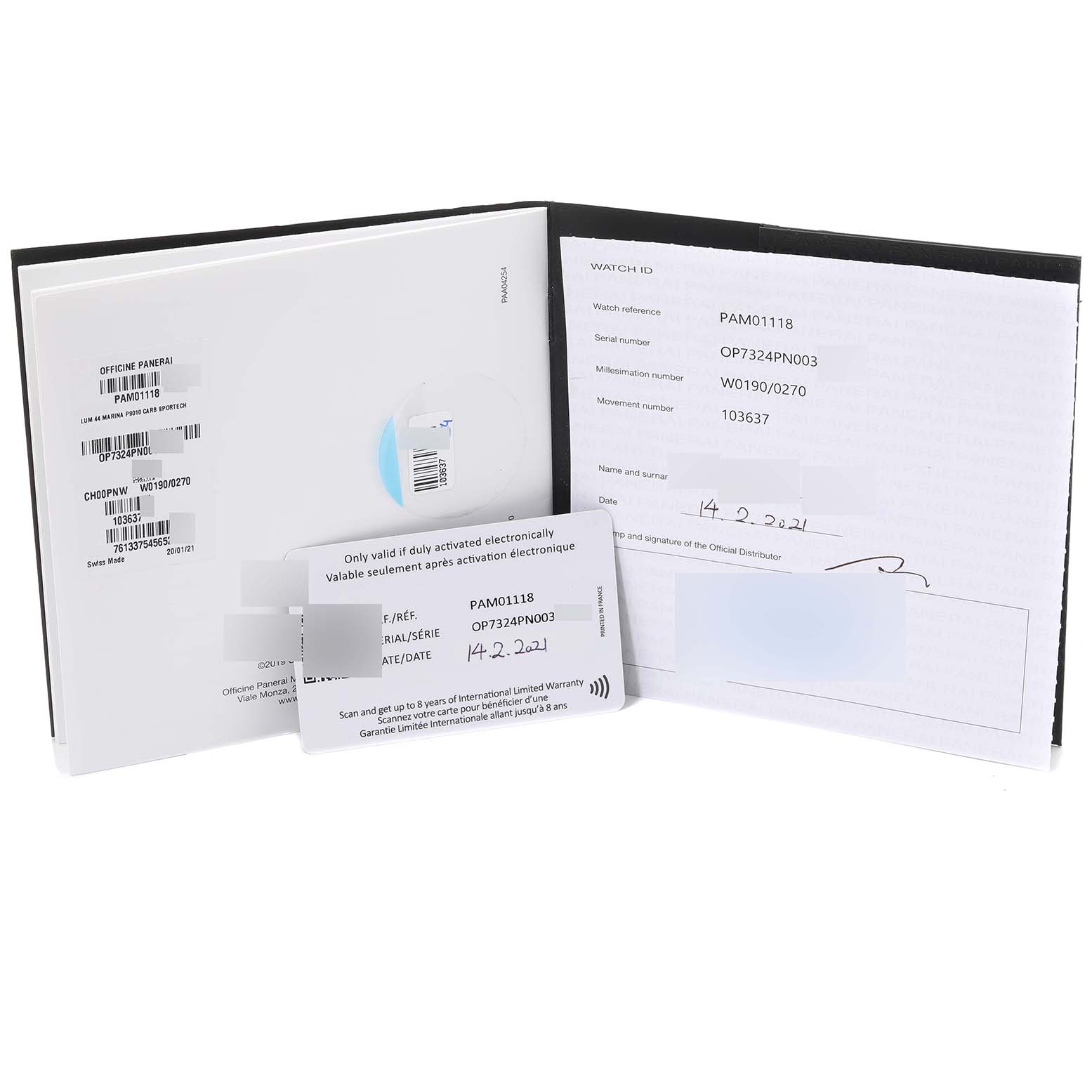 The image shows warranty and documentation for a Panerai Luminor PAM01118 Men's Titanium Black Dial PAM01118 Men's Titanium Black Dial PAM01118 watch, including serial and model numbers.