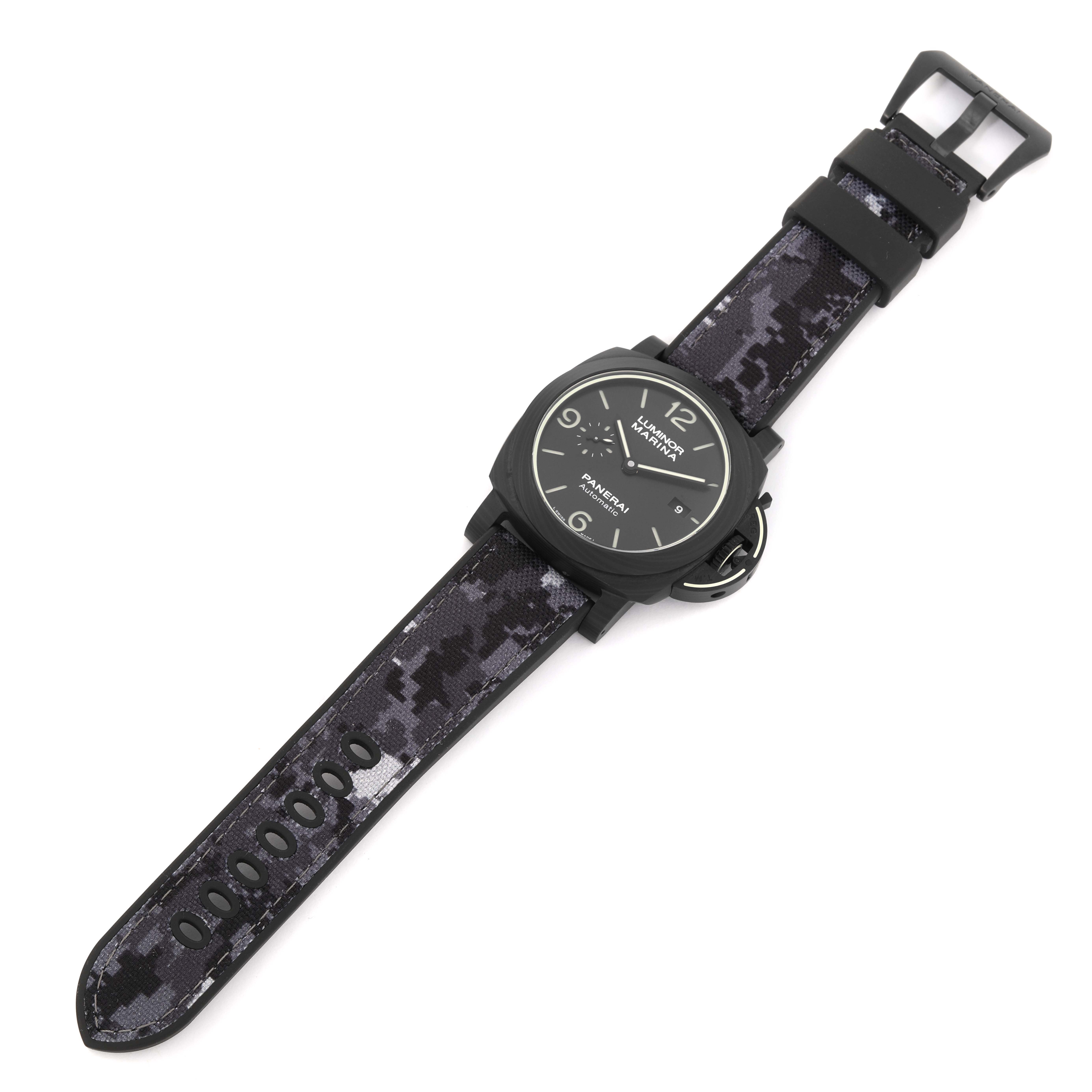 The image shows a Panerai Luminor PAM01118 Men's Titanium Black Dial PAM01118 Men's Titanium Black Dial watch at a top-down angle with a black dial and a camouflage strap.