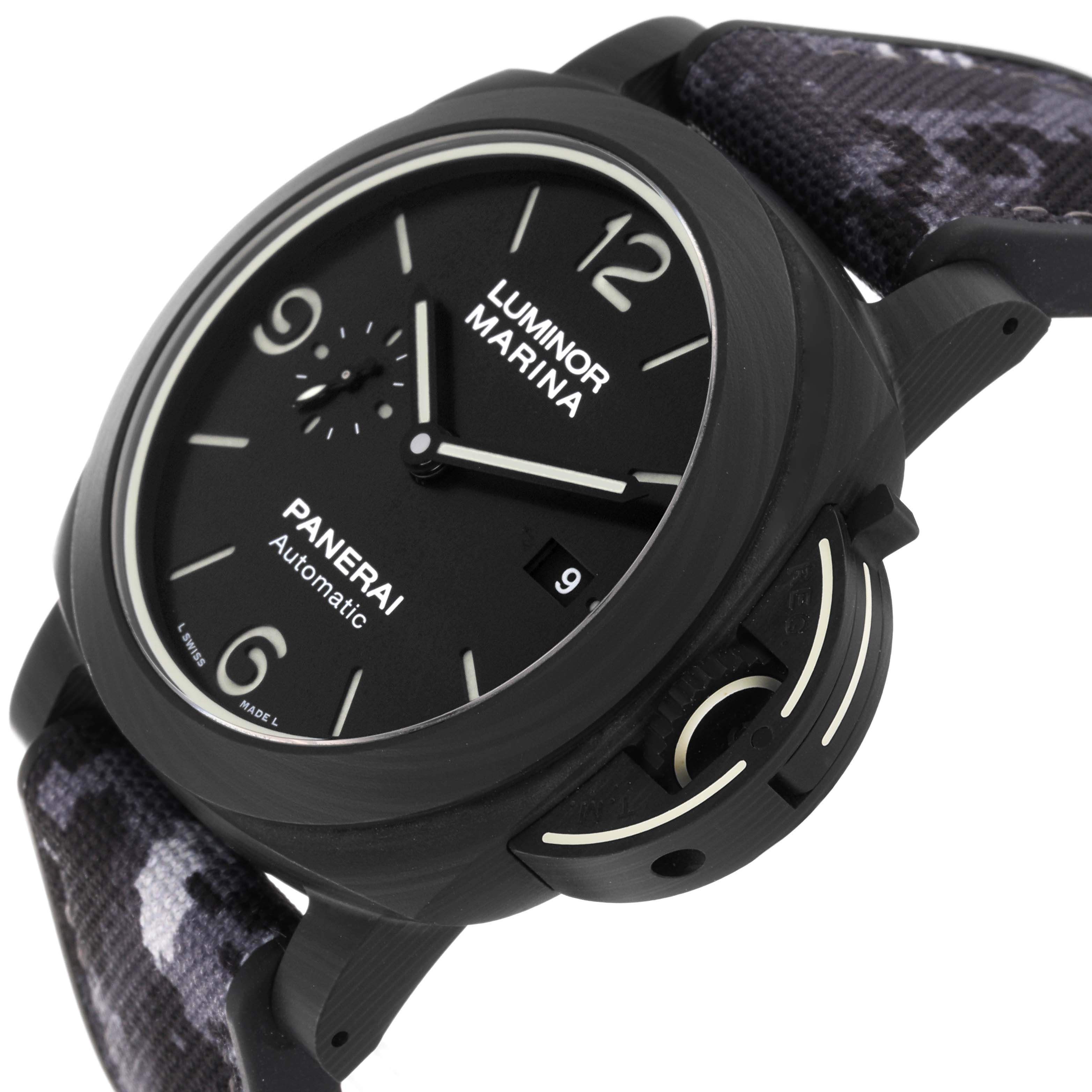 The image shows a Panerai Luminor PAM01118 Men's Titanium Black Dial PAM01118 Men's Titanium Black Dial Marina watch at a diagonal angle, highlighting its dial, crown guard, and strap.
