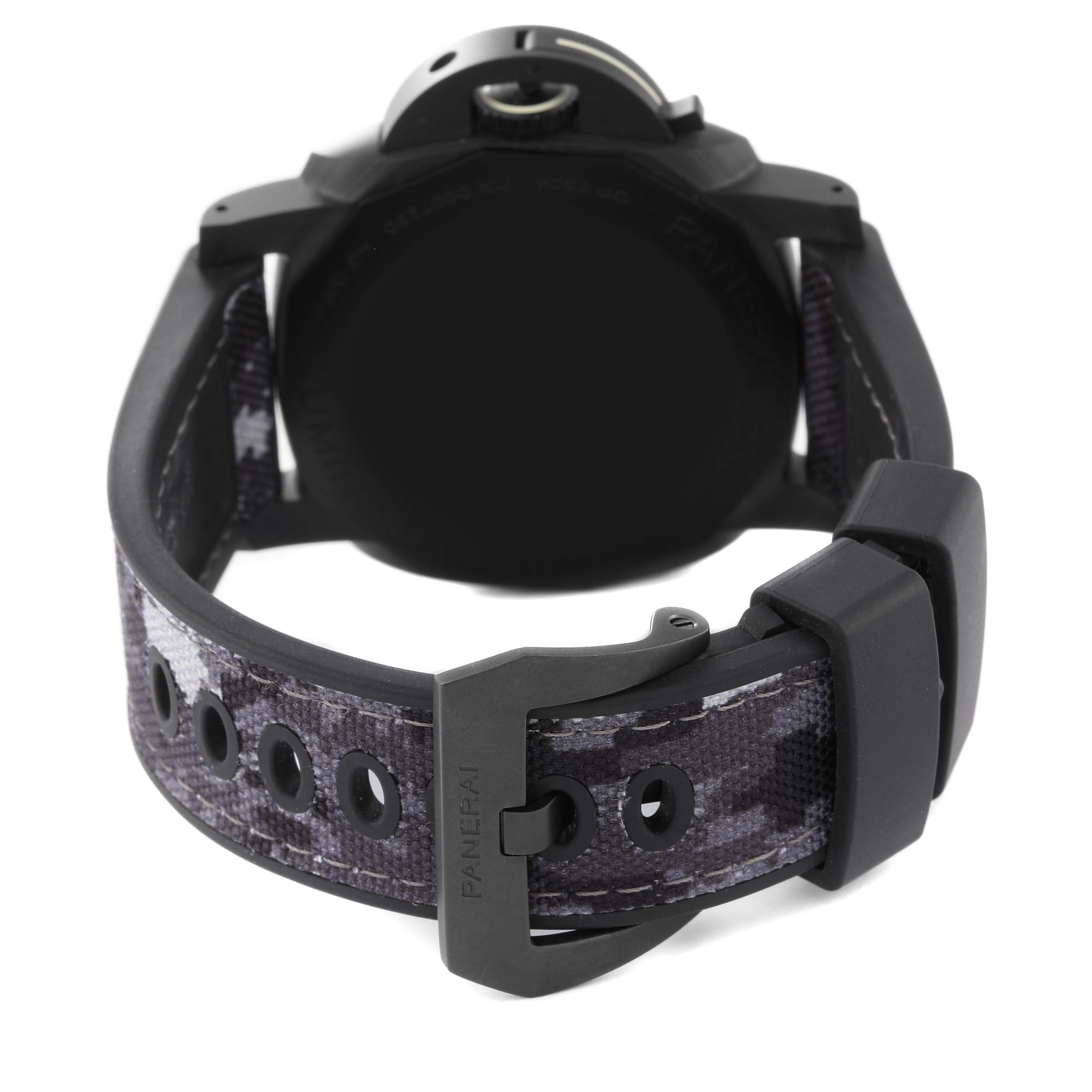 The image shows the back view of a Panerai Luminor PAM01118 Men's Titanium Black Dial PAM01118 Men's Titanium Black Dial watch, highlighting the strap, buckle, and case back.