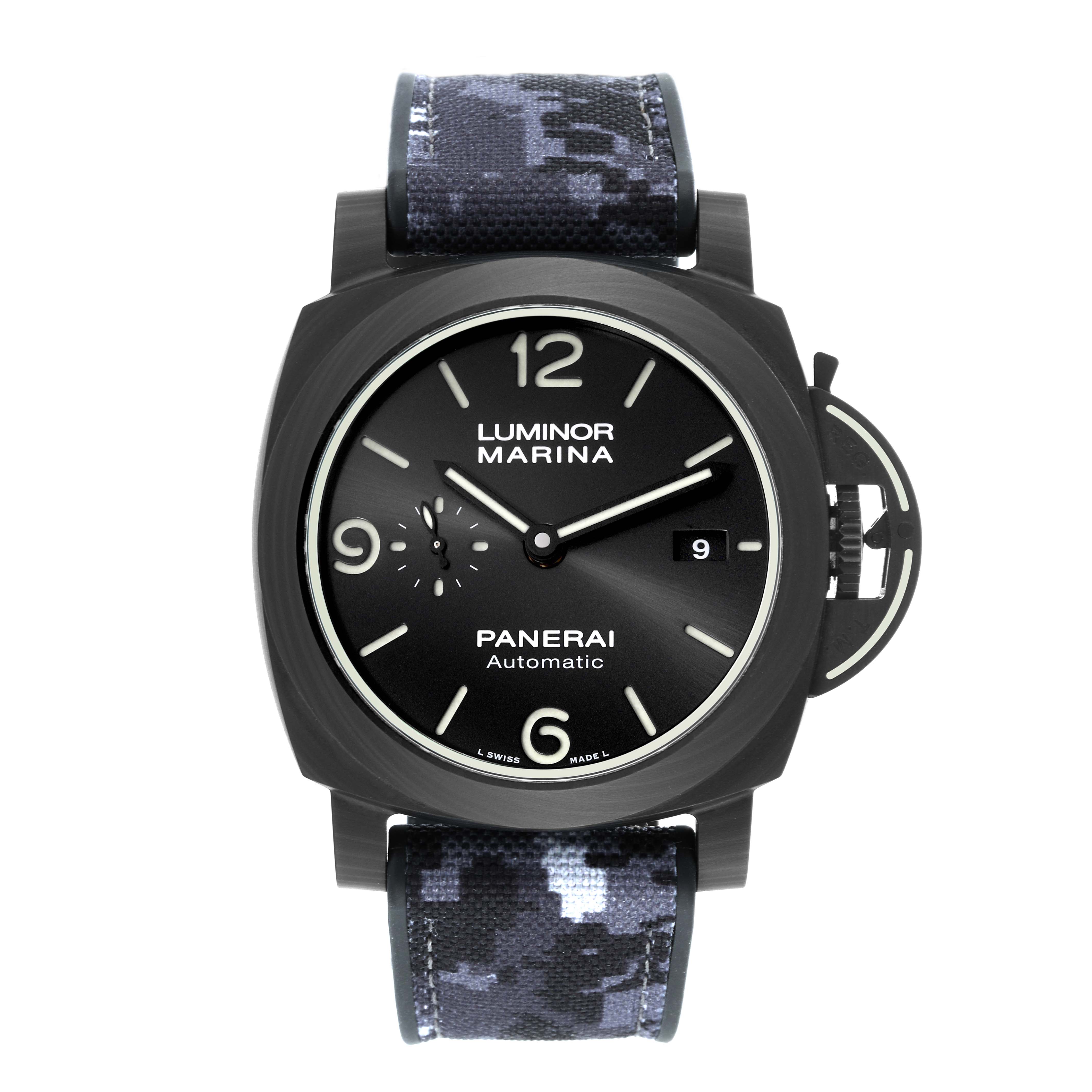 The image shows a front view of the Panerai Luminor PAM01118 Men's Titanium Black Dial PAM01118 Men's Titanium Black Dial Marina watch, including the dial, hands, crown guard, and camo strap.